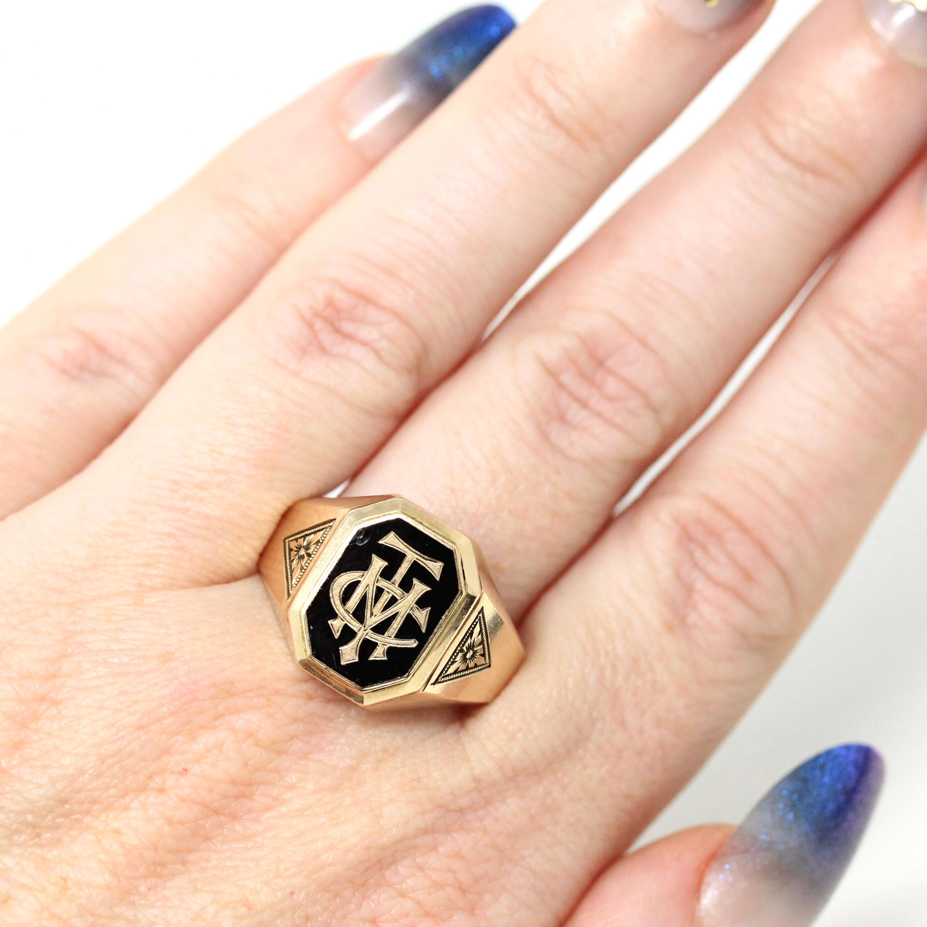 Art Deco Signet Ring - Antique 10k Yellow Gold Black Enamel Letters Statement - Vintage Dated 1926 Era Size 10 1/4 Men's Unisex Fine Jewelry
