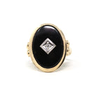 Retro Onyx Ring - Vintage 10k Yellow Gold Oval Black Chalcedony & Natural Diamond - Circa 1940s Era Size 6 Statement Two Tone Fine Jewelry