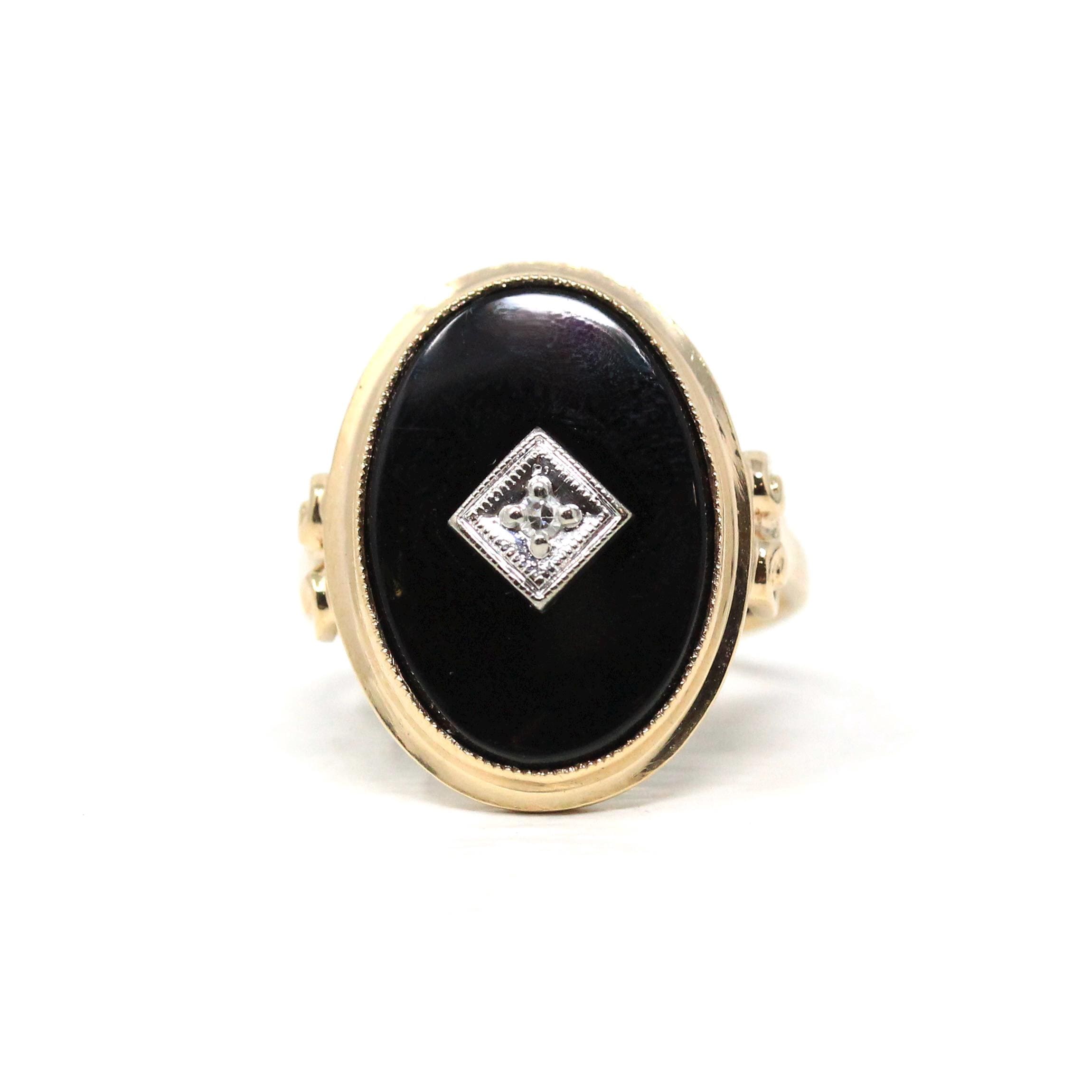 Retro Onyx Ring - Vintage 10k Yellow Gold Oval Black Chalcedony & Natural Diamond - Circa 1940s Era Size 6 Statement Two Tone Fine Jewelry