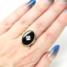 Retro Onyx Ring - Vintage 10k Yellow Gold Oval Black Chalcedony & Natural Diamond - Circa 1940s Era Size 6 Statement Two Tone Fine Jewelry