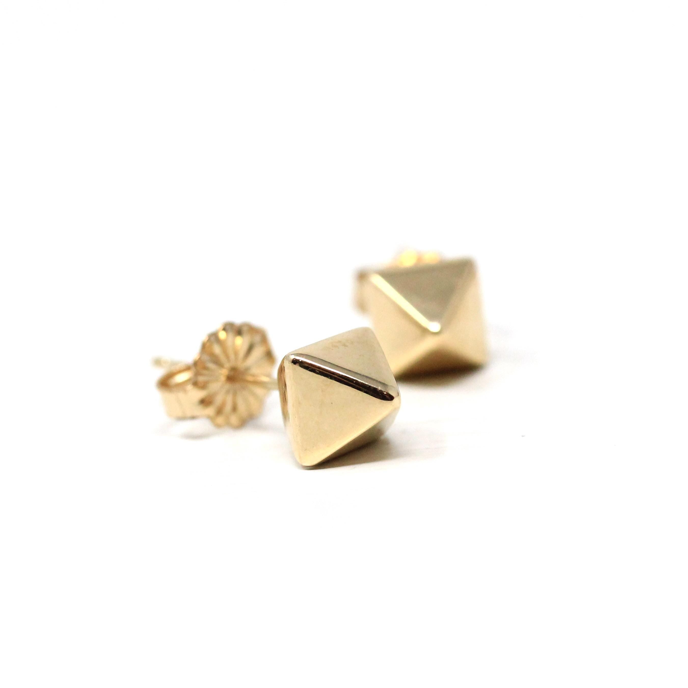 Estate Stud Earrings - Modern 10k Yellow Gold Square Pyramid Push Backs Pair - Circa 2000s Era Faceted Spike Fine Y2K Jewelry