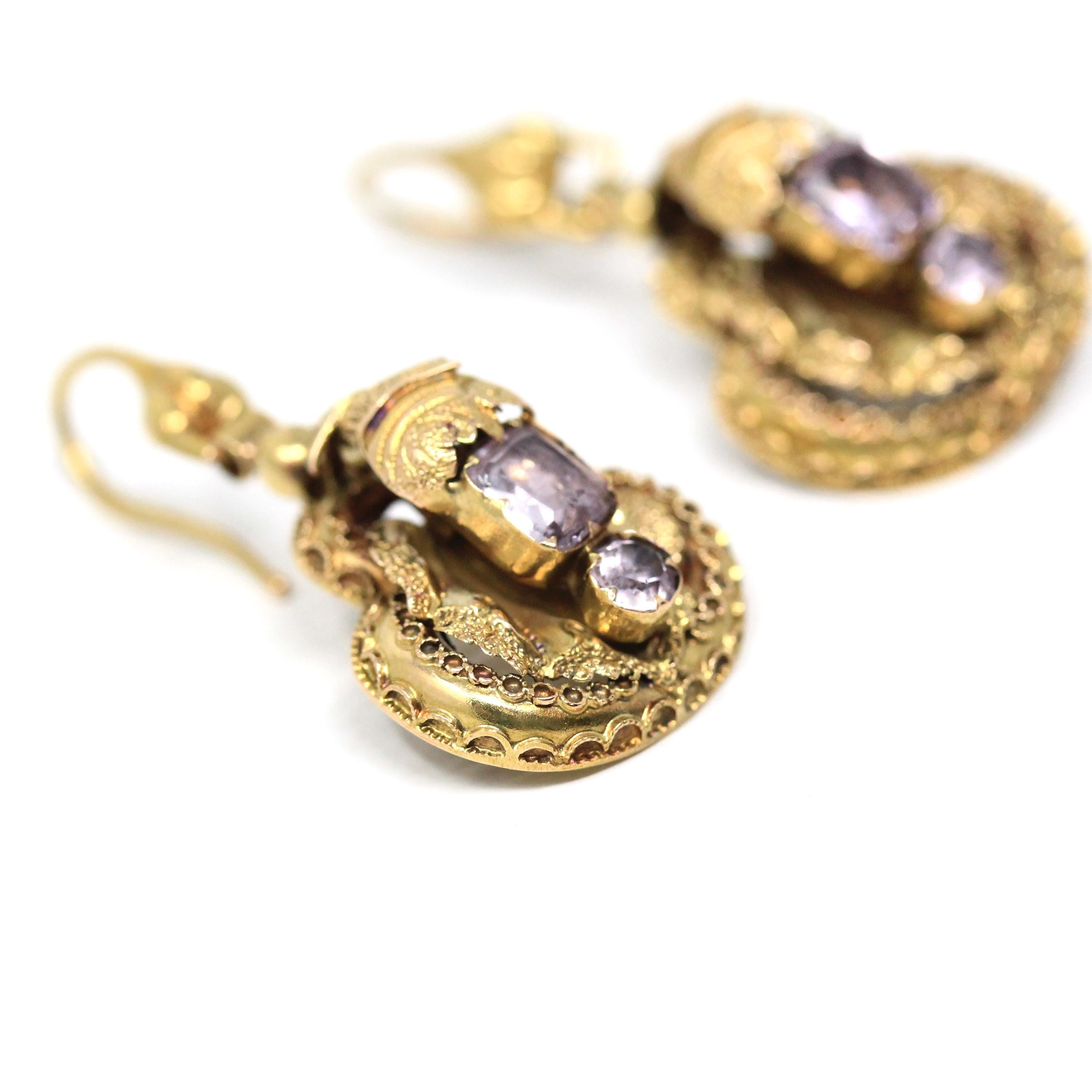 Victorian Cannetille Earrings - Antique 14k Rosy Yellow Gold Dangle Tourmaline Gemstones - Vintage Mid 1800s Era Fine Bridal Wedding Jewelry