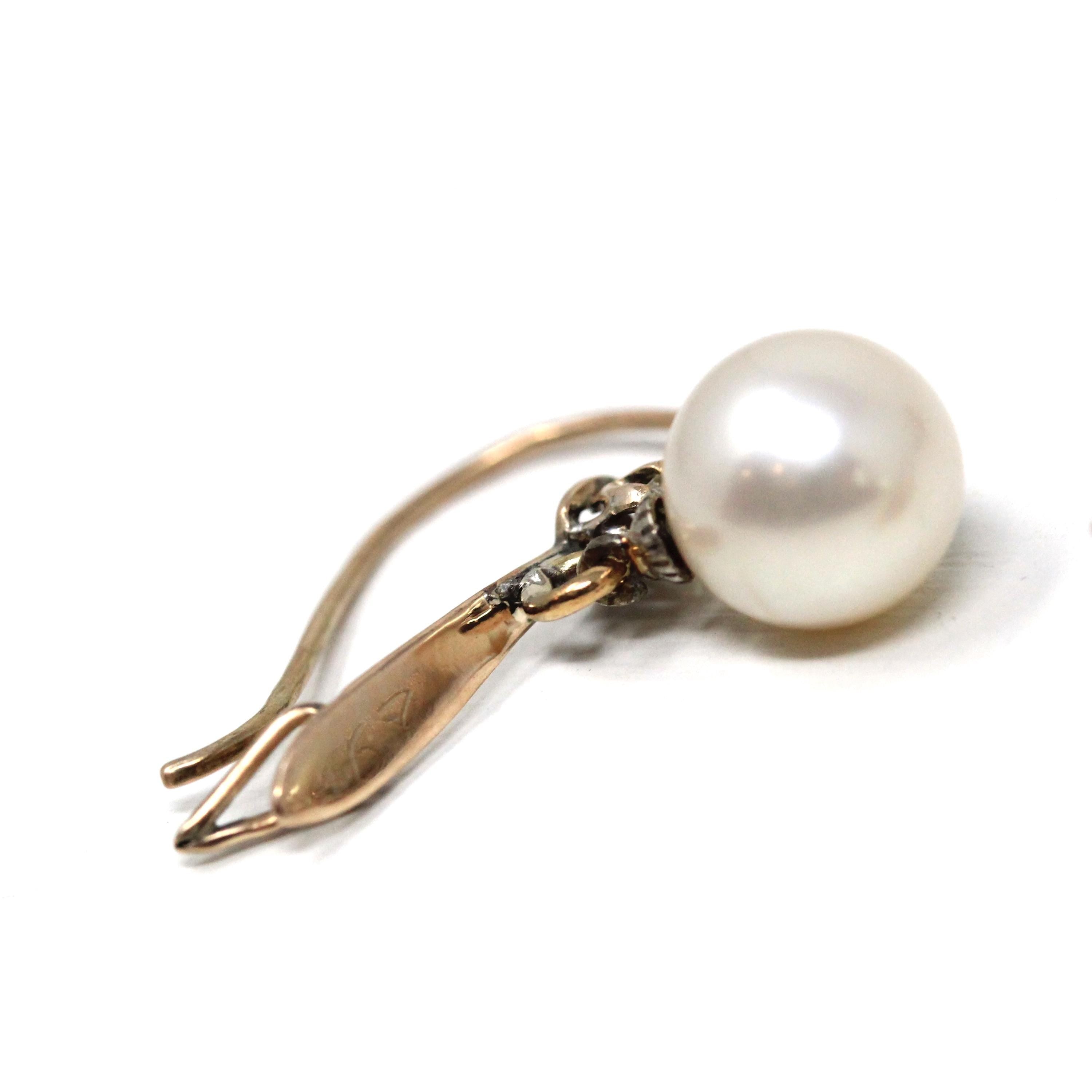 Victorian Drop Earrings - Antique 10k Yellow Gold Dangle Cultured Pearls & Natural Diamonds - Circa 1890s Era Fine Bridal Wedding Jewelry