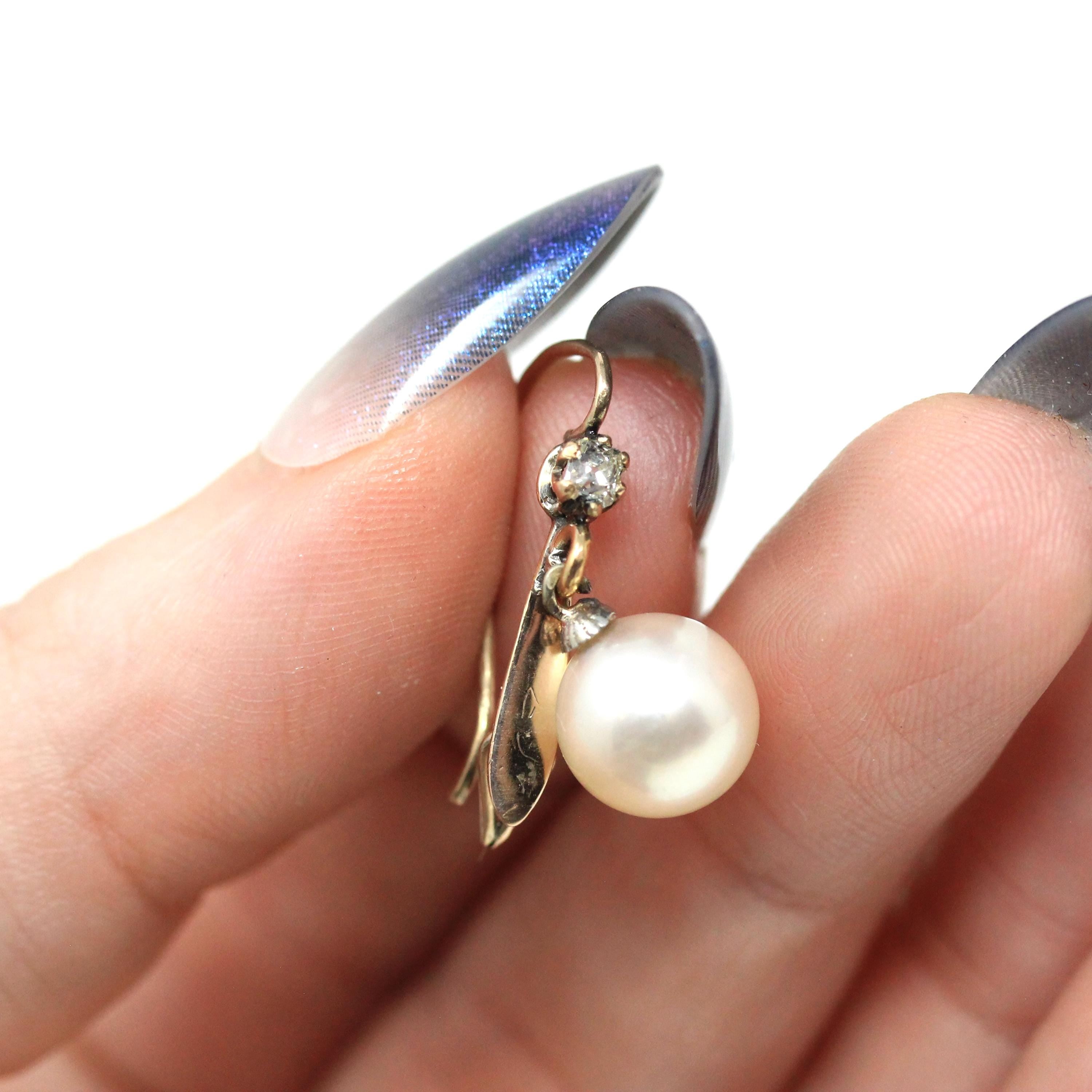 Victorian Drop Earrings - Antique 10k Yellow Gold Dangle Cultured Pearls & Natural Diamonds - Circa 1890s Era Fine Bridal Wedding Jewelry