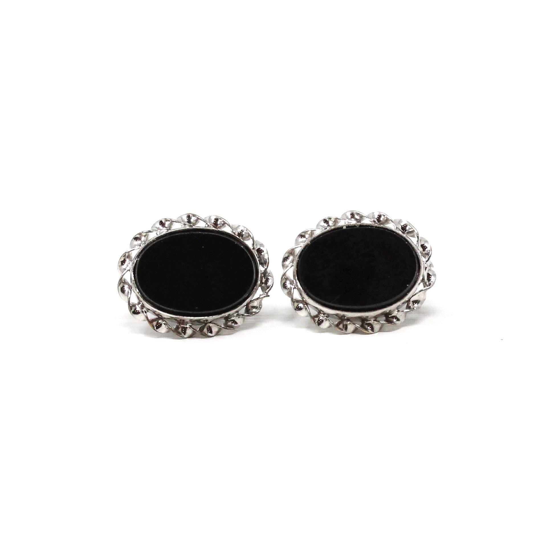 Simulated Onyx Earrings - Retro 10k White Gold & Base Metal Oval Black Glass Stones - 1960s Era Statement Fashion Accessory Fine Jewelry