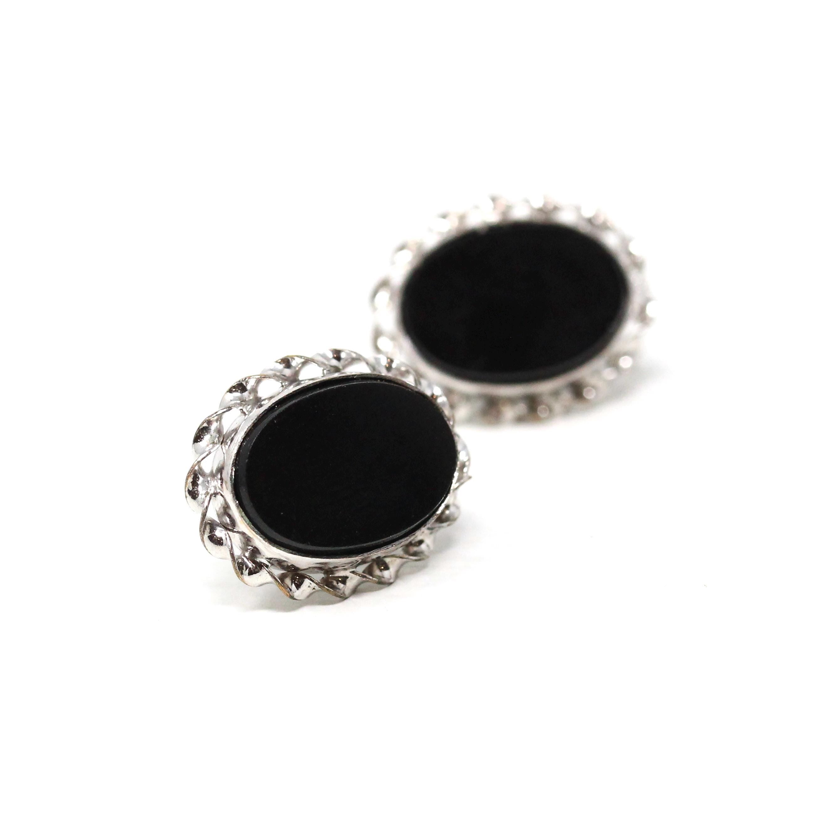 Simulated Onyx Earrings - Retro 10k White Gold & Base Metal Oval Black Glass Stones - 1960s Era Statement Fashion Accessory Fine Jewelry