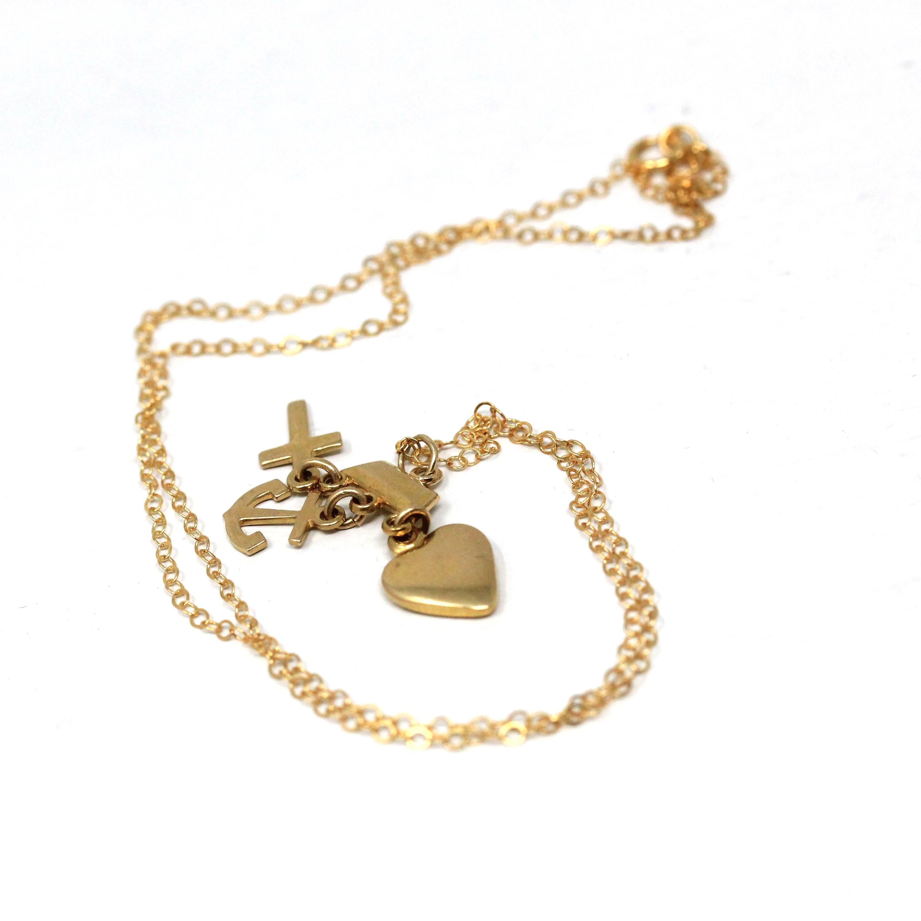 Vintage Charm Necklace - Retro 14k Yellow Gold Cross Anchor Heart Pendants - Circa 1970s Era Faith Hope Charity Religious 70s Fine Jewelry