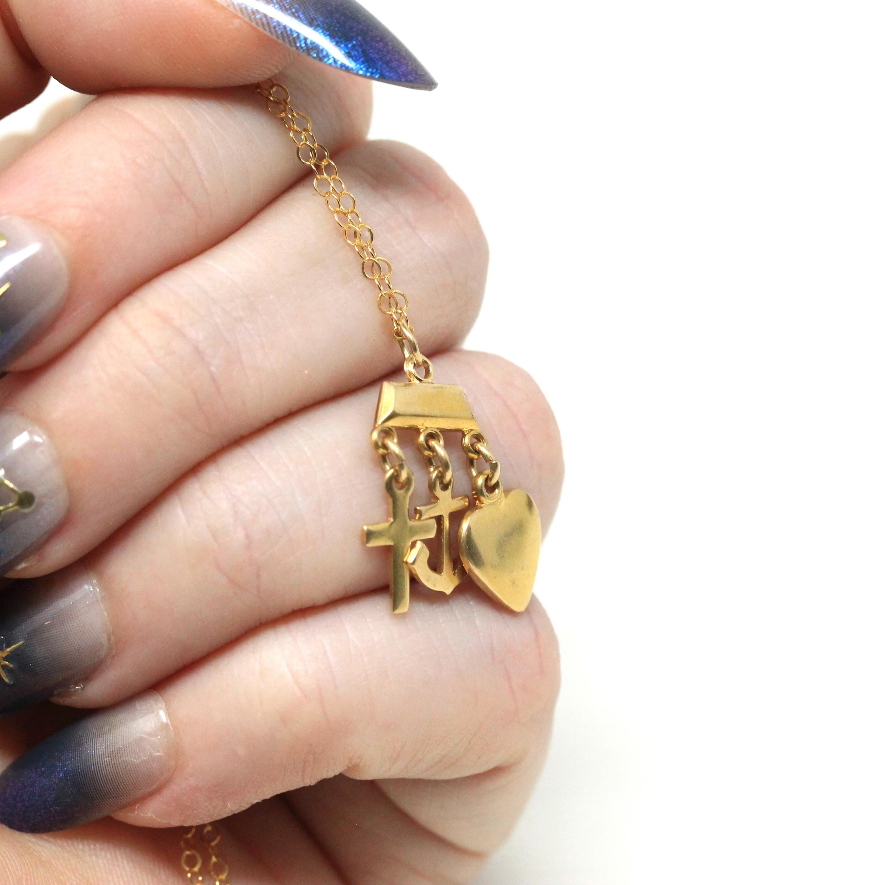 Vintage Charm Necklace - Retro 14k Yellow Gold Cross Anchor Heart Pendants - Circa 1970s Era Faith Hope Charity Religious 70s Fine Jewelry