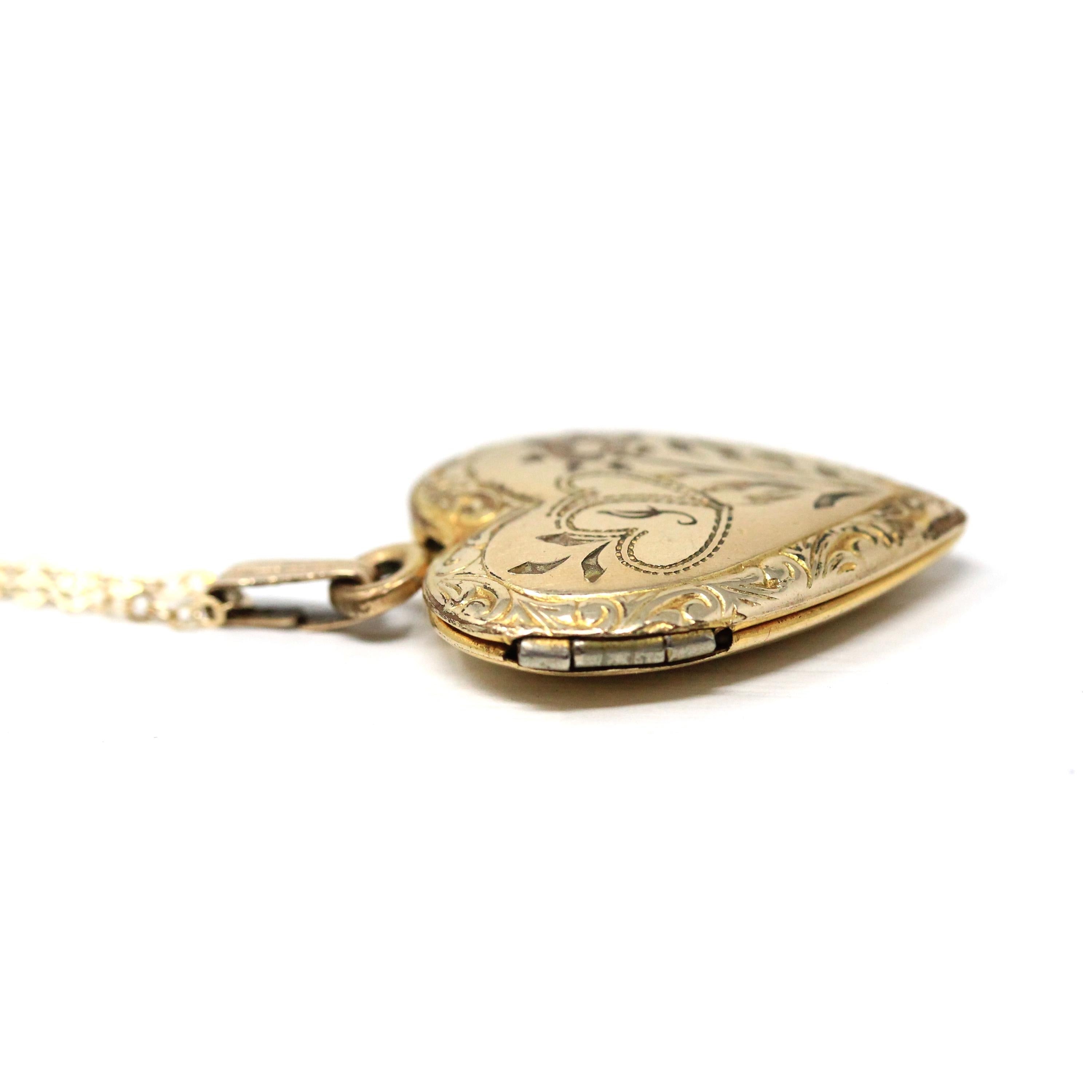 Vintage "J" Heart Locket - Retro Gold Filled Love Floral Pendant Love Initial Letter Necklace - Vintage Circa 1940s Era Flower Photo Jewelry