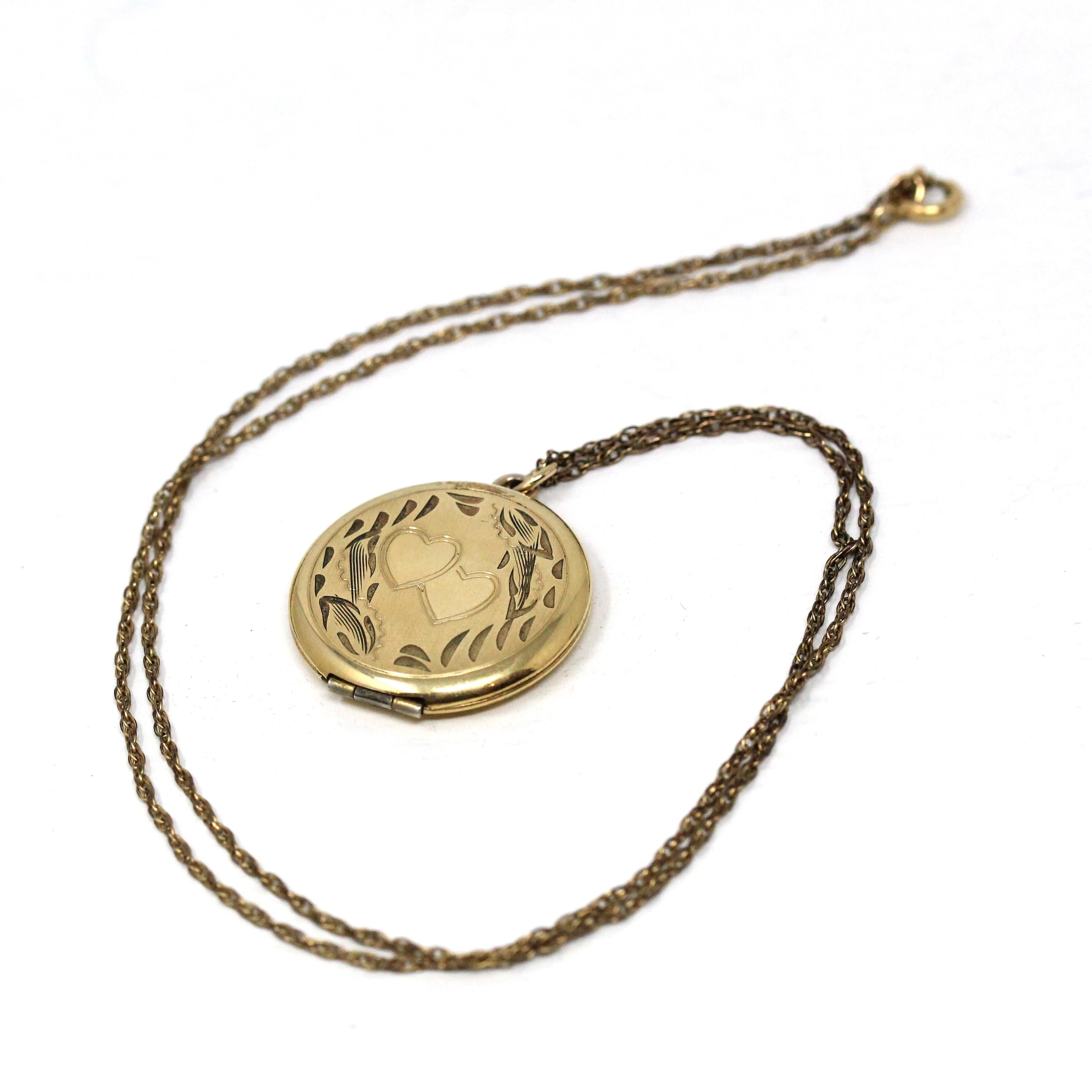 Vintage Photo Locket - Retro 12k Gold Filled Double Heart Floral Pendant Necklace Charm - Circa 1960s Statement Keepsake Photograph Jewelry