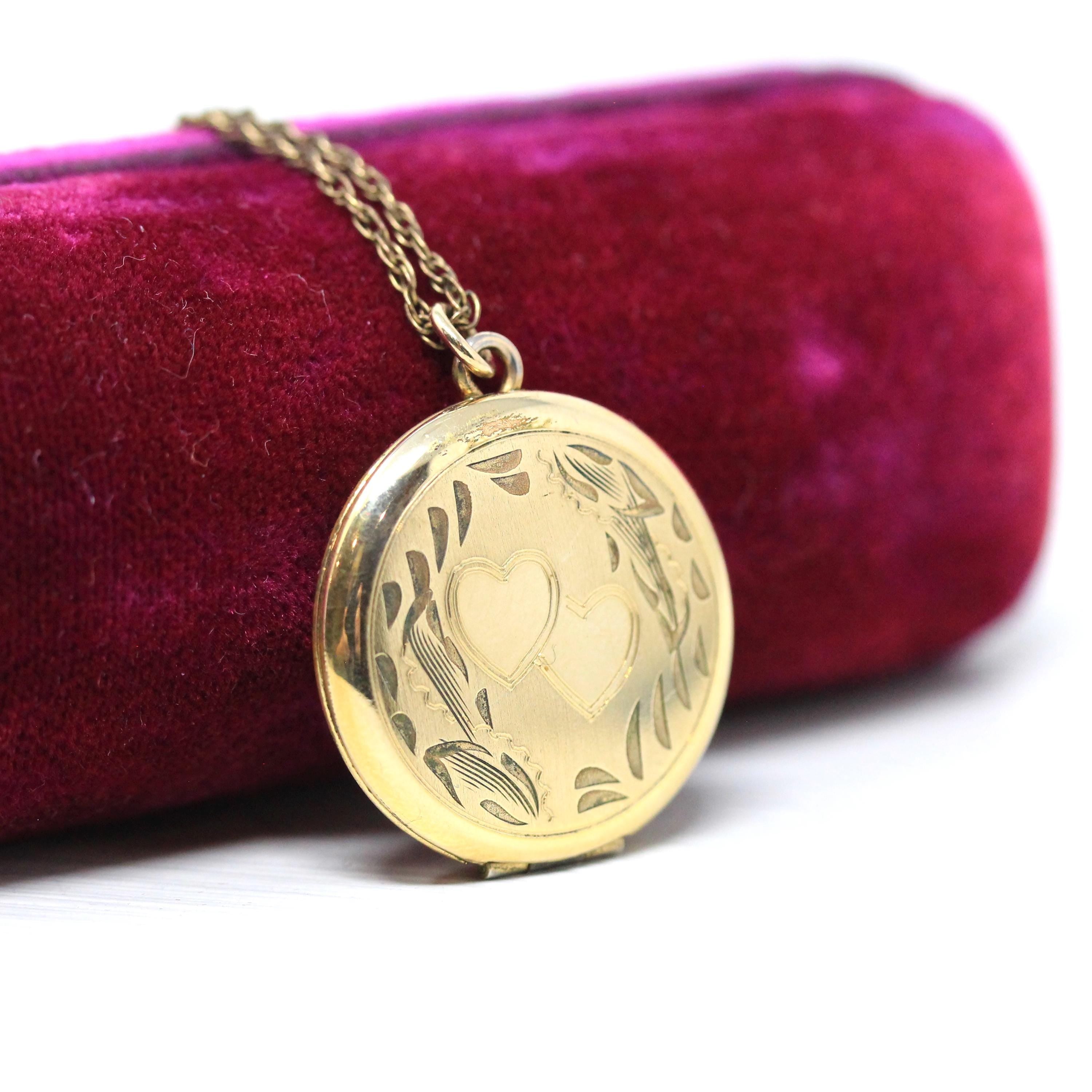 Vintage Photo Locket - Retro 12k Gold Filled Double Heart Floral Pendant Necklace Charm - Circa 1960s Statement Keepsake Photograph Jewelry