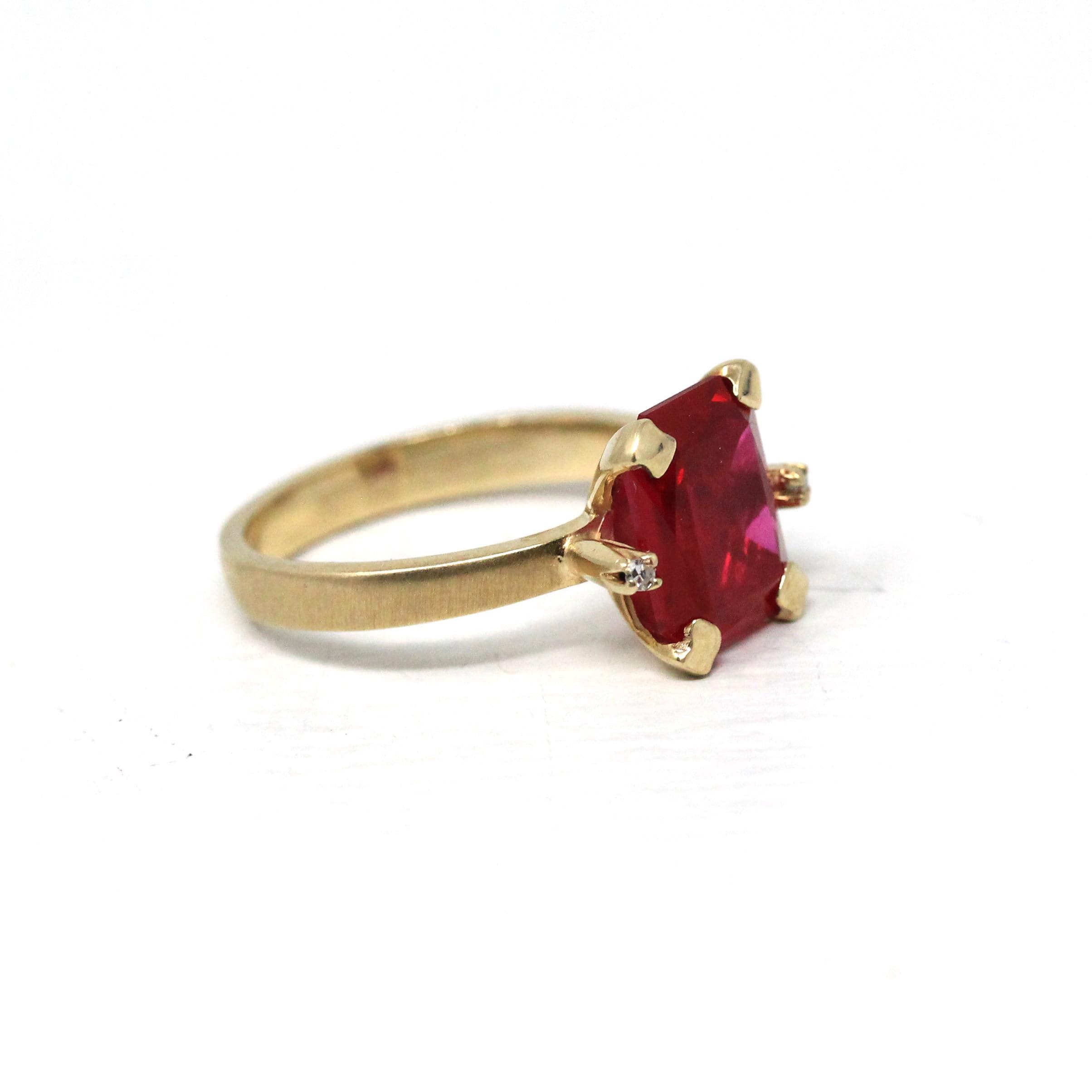 Created Ruby Ring - Retro Era 10k Yellow Gold Created Red Stone & Diamond Gemstones - Circa 1940s Size 6 1/2 Vintage Fine Statement Jewelry