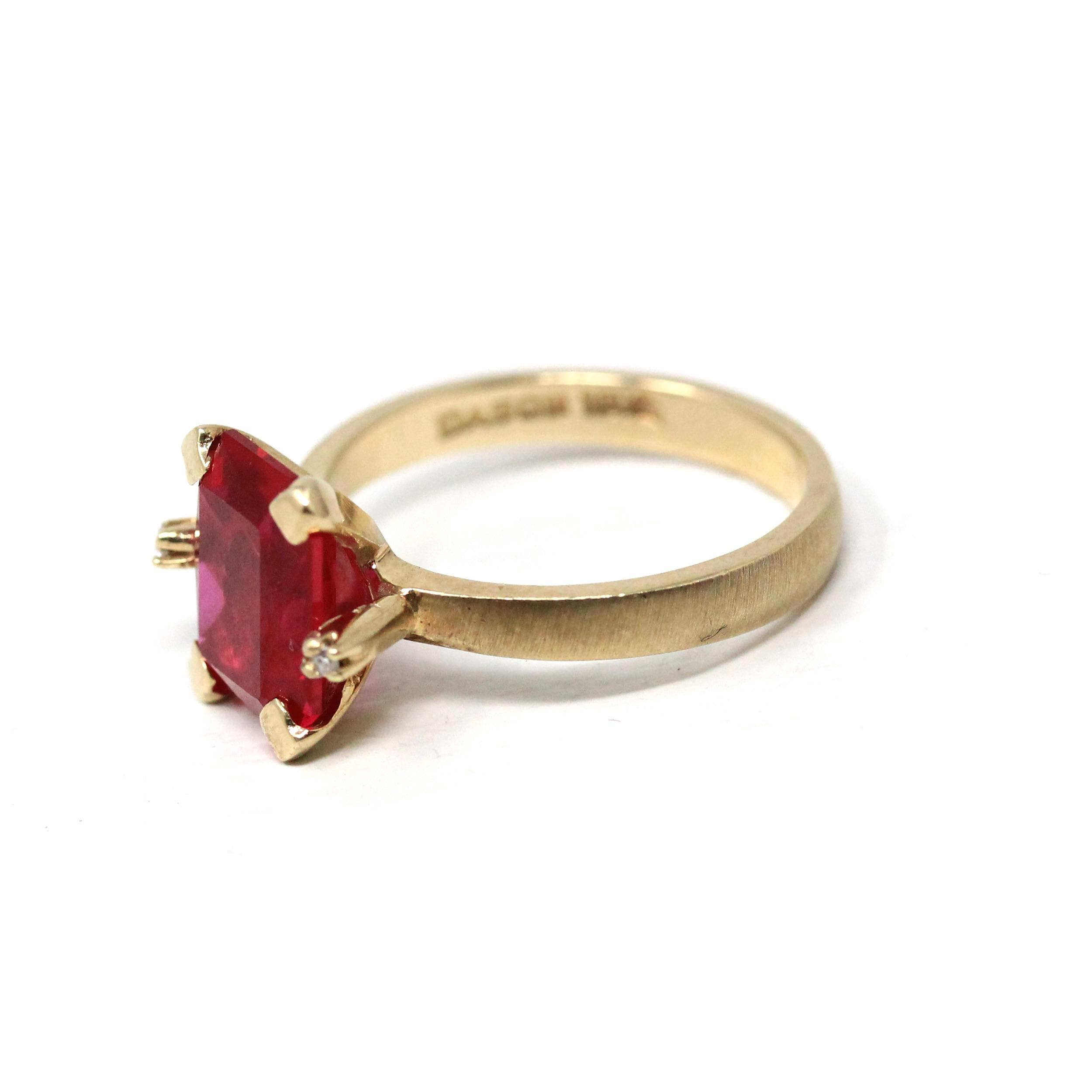 Created Ruby Ring - Retro Era 10k Yellow Gold Created Red Stone & Diamond Gemstones - Circa 1940s Size 6 1/2 Vintage Fine Statement Jewelry