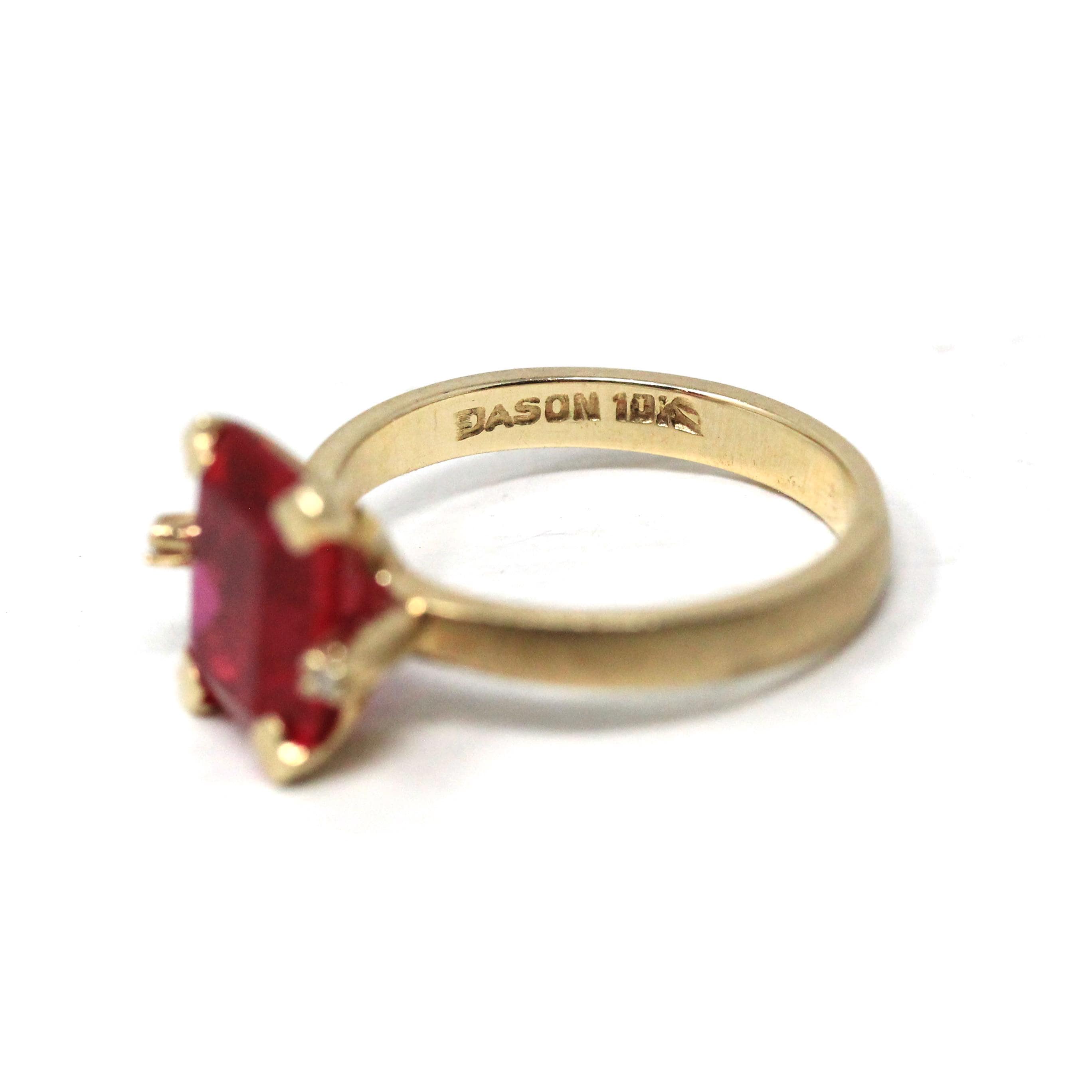 Created Ruby Ring - Retro Era 10k Yellow Gold Created Red Stone & Diamond Gemstones - Circa 1940s Size 6 1/2 Vintage Fine Statement Jewelry