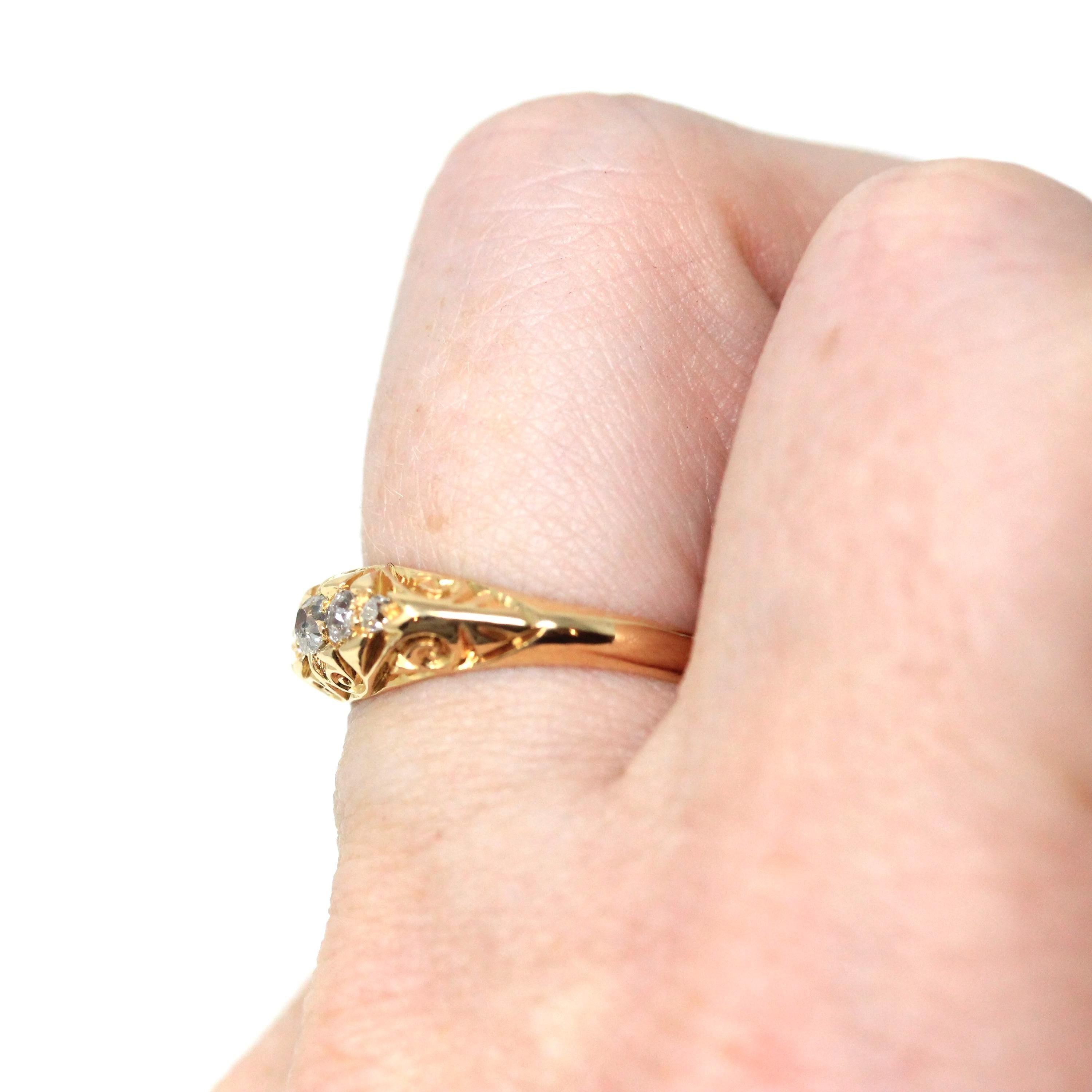 Antique Diamond Band - Edwardian 18k Yellow Gold Natural Gemstones Wedding Ring - Vintage Early 1900s Era Size 6 Fine Statement Jewelry