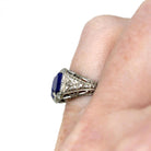 Lapis Lazuli Bowtie Ring - Art Deco 18k White Gold Filigree Dark Blue Gemstones - Vintage Circa 1930s Era Size 4 Hourglass Fine 30s Jewelry
