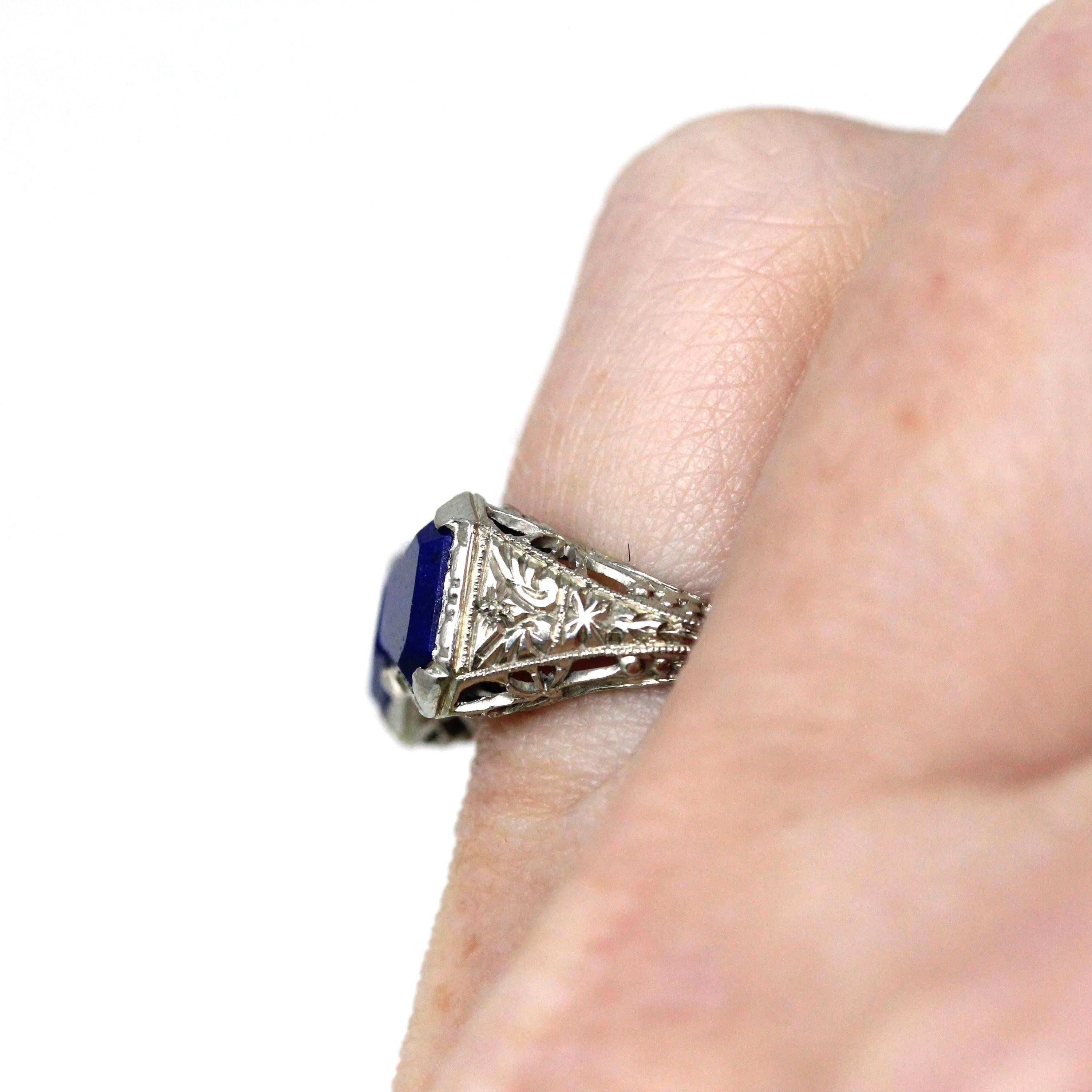 Lapis Lazuli Bowtie Ring - Art Deco 18k White Gold Filigree Dark Blue Gemstones - Vintage Circa 1930s Era Size 4 Hourglass Fine 30s Jewelry