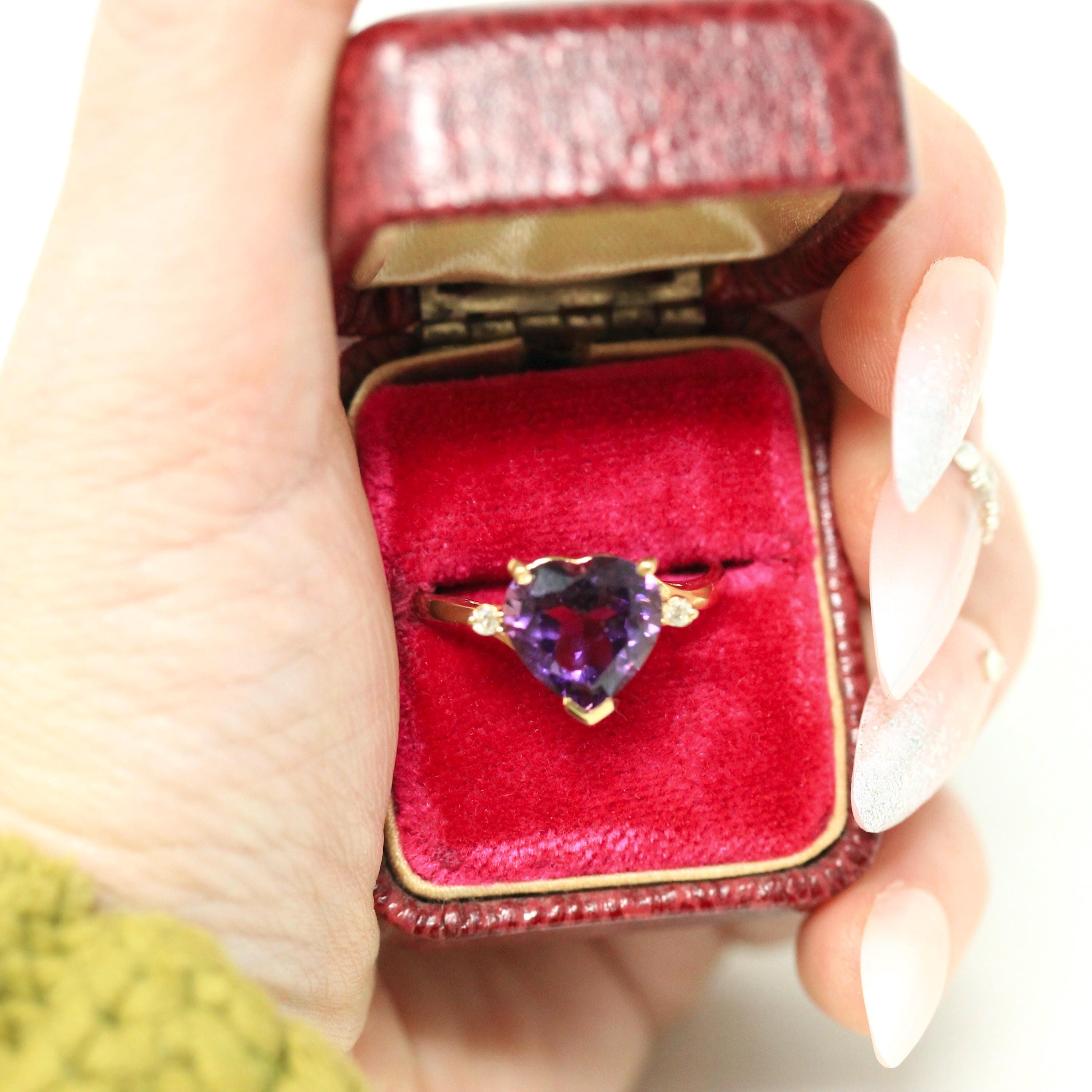 Amethyst Heart Ring - Modern 14k Yellow Gold Diamond & Purple Gemstone - Estate 2000s Era Size 9 February Birthstone Fine Statement Jewelry