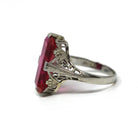 Created Ruby Ring - Art Deco 18k White Gold Rectangular Red Gemstone - Vintage Circa 1930s Size 3 3/4 July Birthstone Filigree Fine Jewelry
