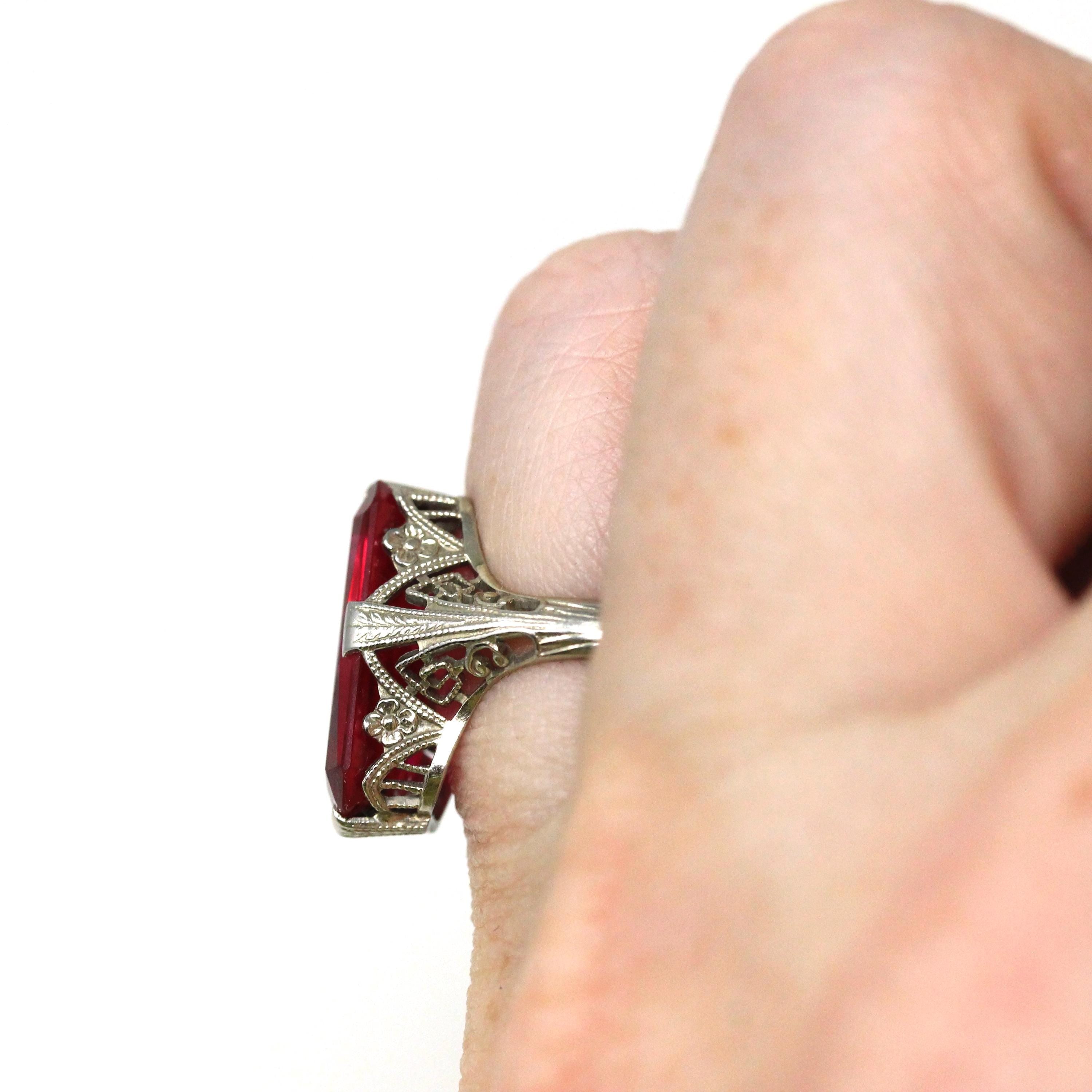 Created Ruby Ring - Art Deco 18k White Gold Rectangular Red Gemstone - Vintage Circa 1930s Size 3 3/4 July Birthstone Filigree Fine Jewelry