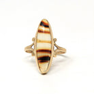 Vintage Agate Ring - Retro Era 10k Yellow Gold Oval Cabochon Cut Banded Natural Gemstone - Circa 1940s Era Size 7 1/4 Statement Fine Jewelry