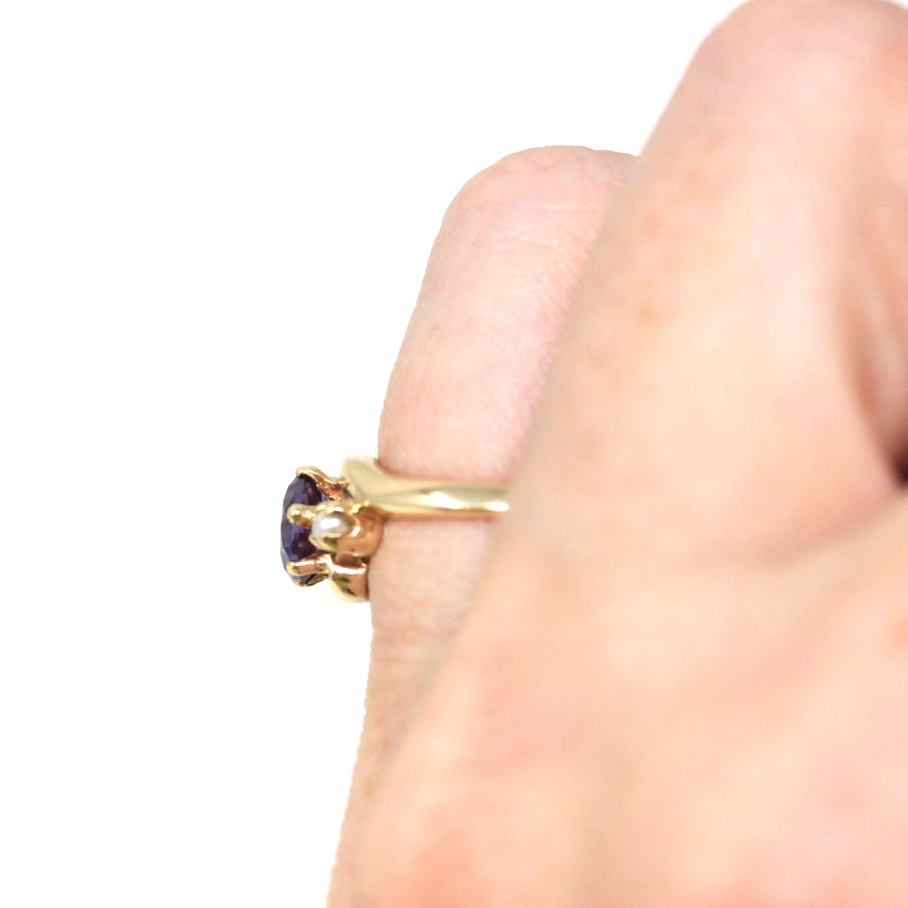 Retro Bypass Ring - 10k Yellow Gold Created Color Change Sapphire & Cultured Pearl Gems- Circa 1960s Era Size 4 1/4 Fine Statement Jewelry