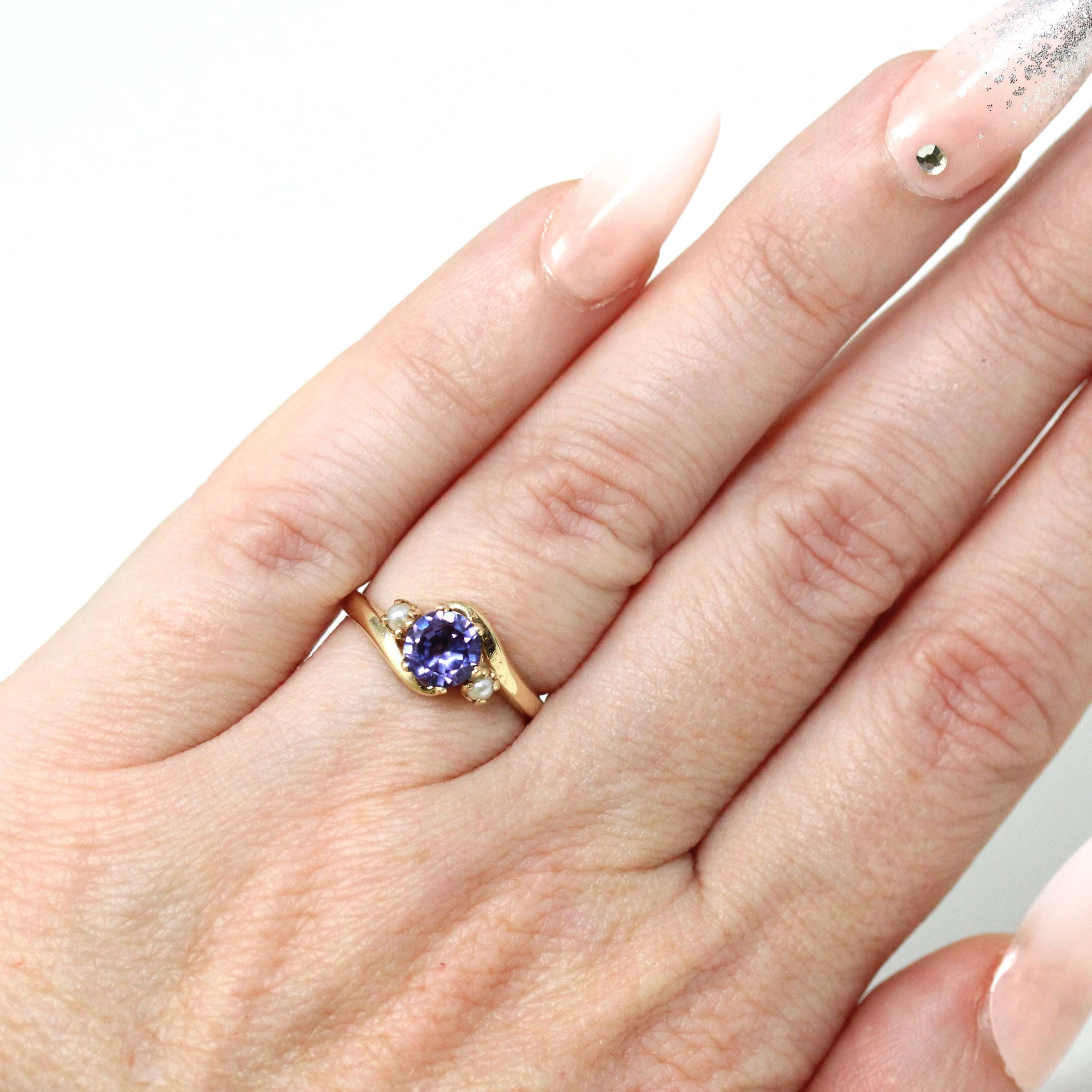 Retro Bypass Ring - 10k Yellow Gold Created Color Change Sapphire & Cultured Pearl Gems- Circa 1960s Era Size 4 1/4 Fine Statement Jewelry