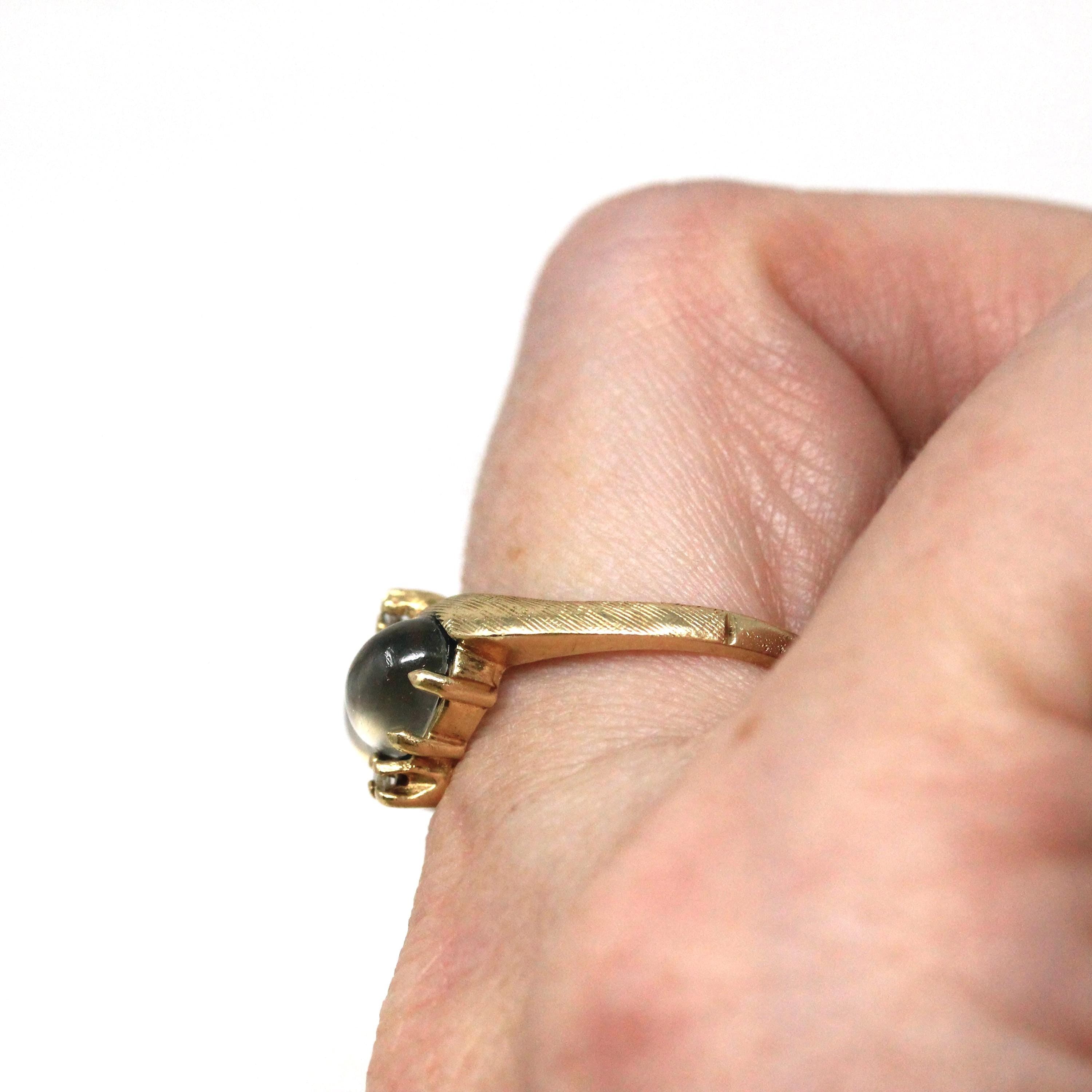 Retro Toi Et Moi Ring - Vintage 14k Yellow Gold Moonstone & Diamond Gemstones Bypass Style - Circa 1960s Era Size 7 Fine Statement Jewelry