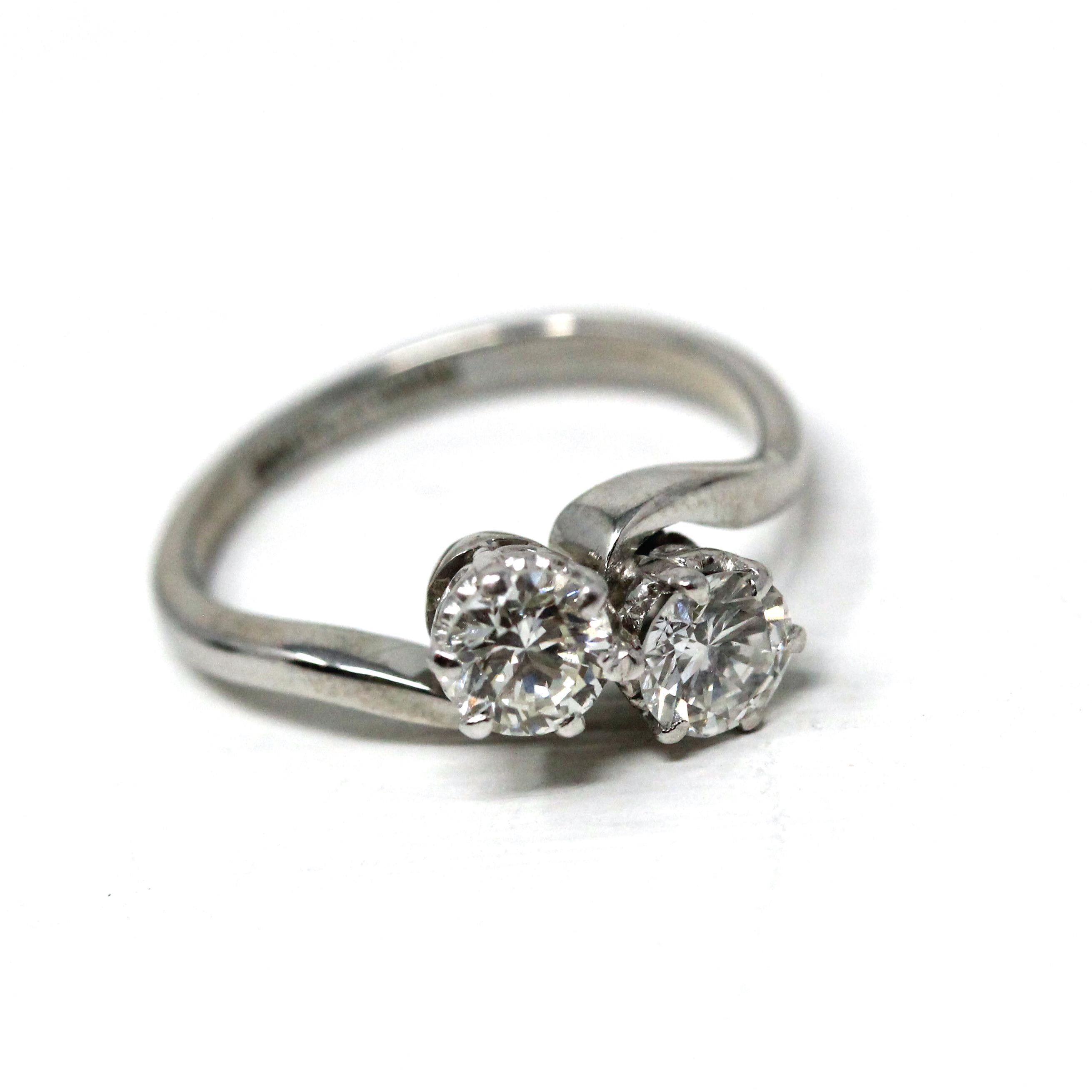 Mid Century Toi Et Moi Ring - Vintage 18k White Gold & Platinum Bypass Diamond Gemstones - Circa 1950s Era Size 5 1/2 Fine Statement Jewelry