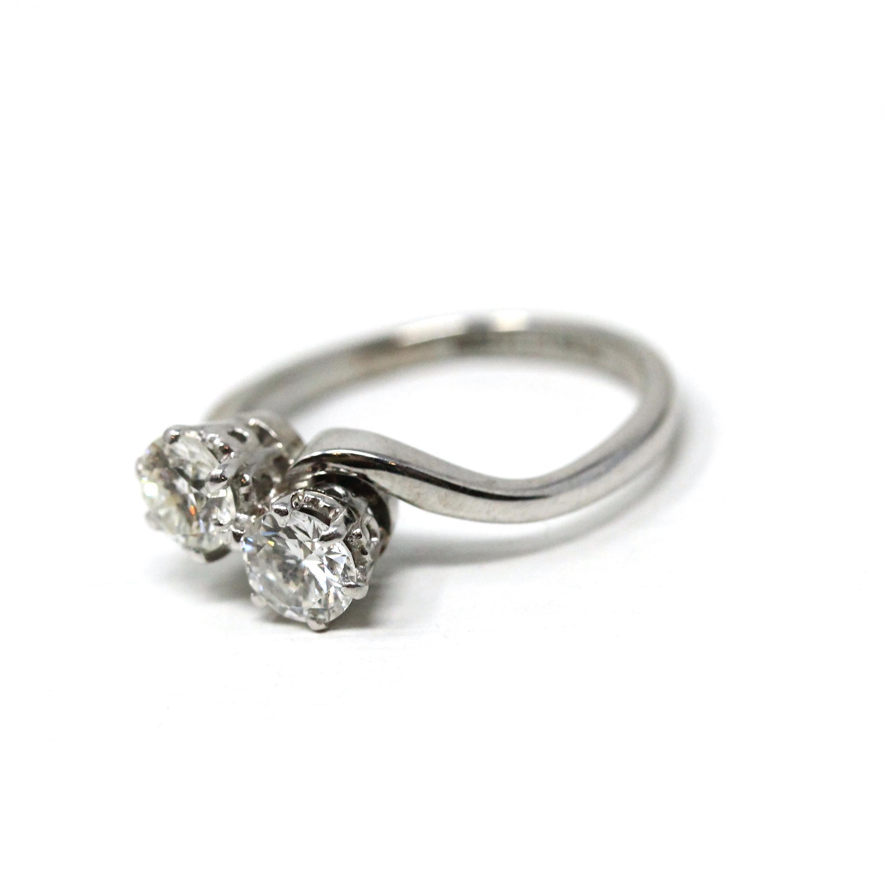 Mid Century Toi Et Moi Ring - Vintage 18k White Gold & Platinum Bypass Diamond Gemstones - Circa 1950s Era Size 5 1/2 Fine Statement Jewelry