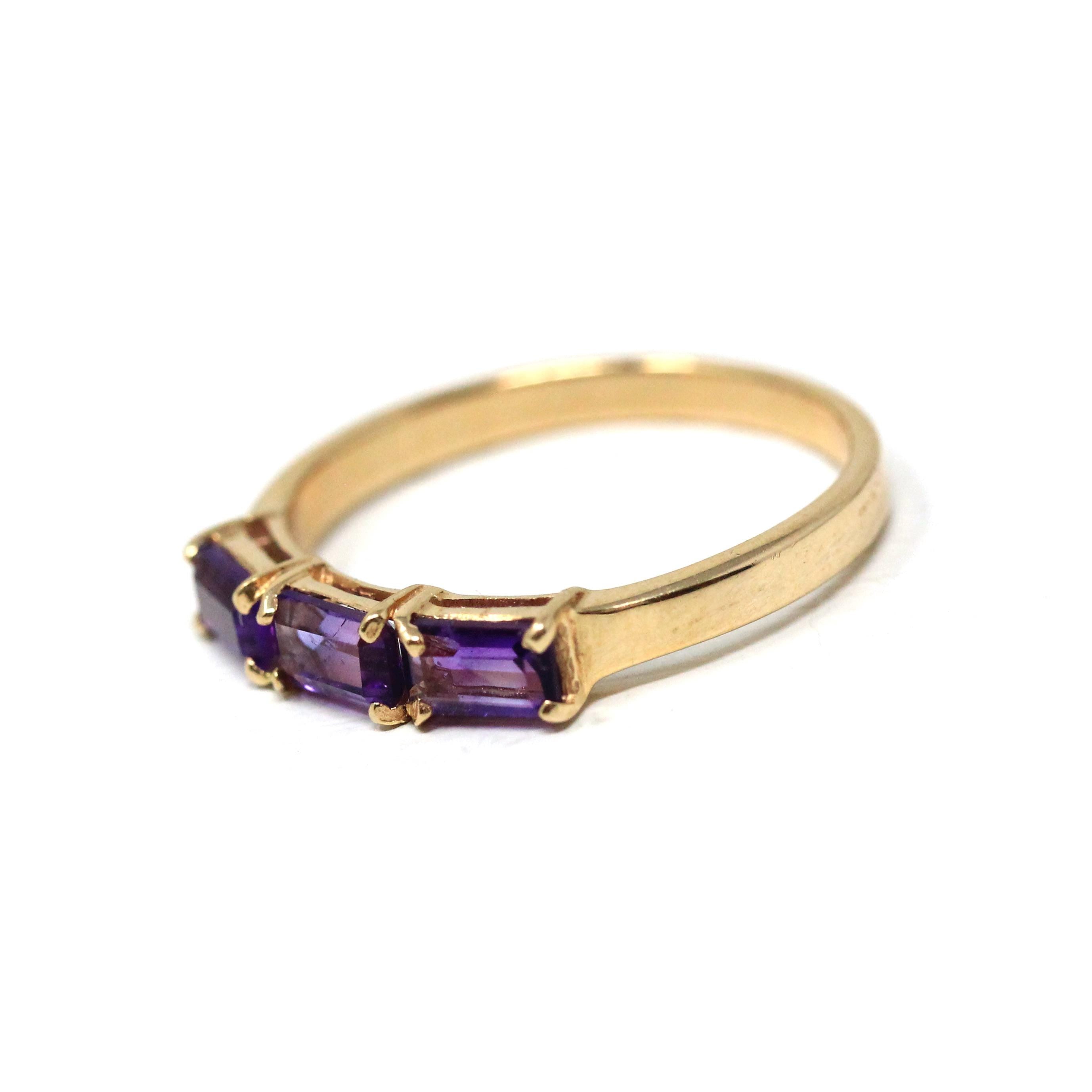 Modern Amethyst Ring - Vintage 14k Yellow Gold Three Rectangle Faceted Purple Gemstones - Estate Circa 2000's Era Size 6 3/4 Fine Jewelry