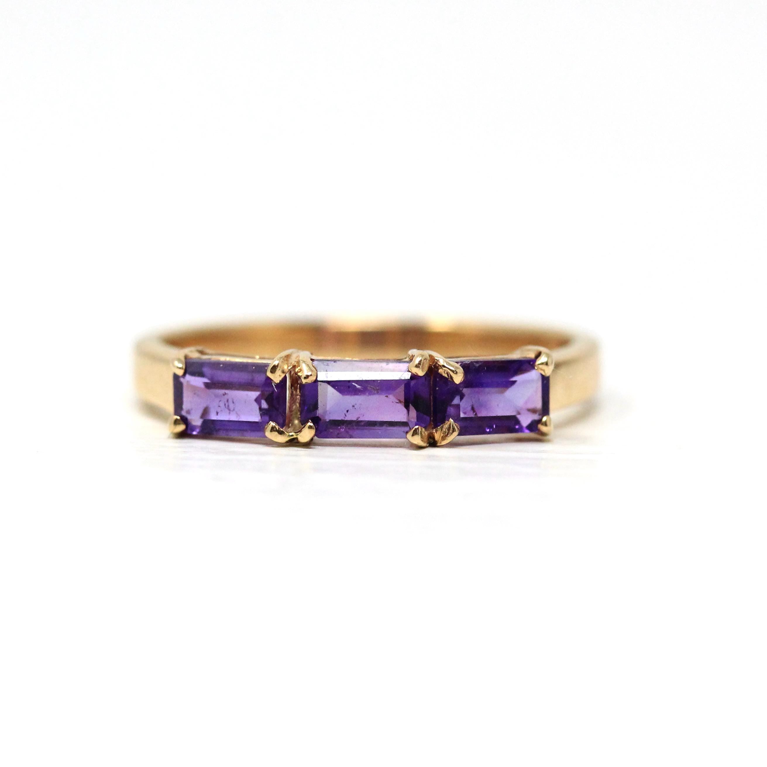 Modern Amethyst Ring - Vintage 14k Yellow Gold Three Rectangle Faceted Purple Gemstones - Estate Circa 2000's Era Size 6 3/4 Fine Jewelry