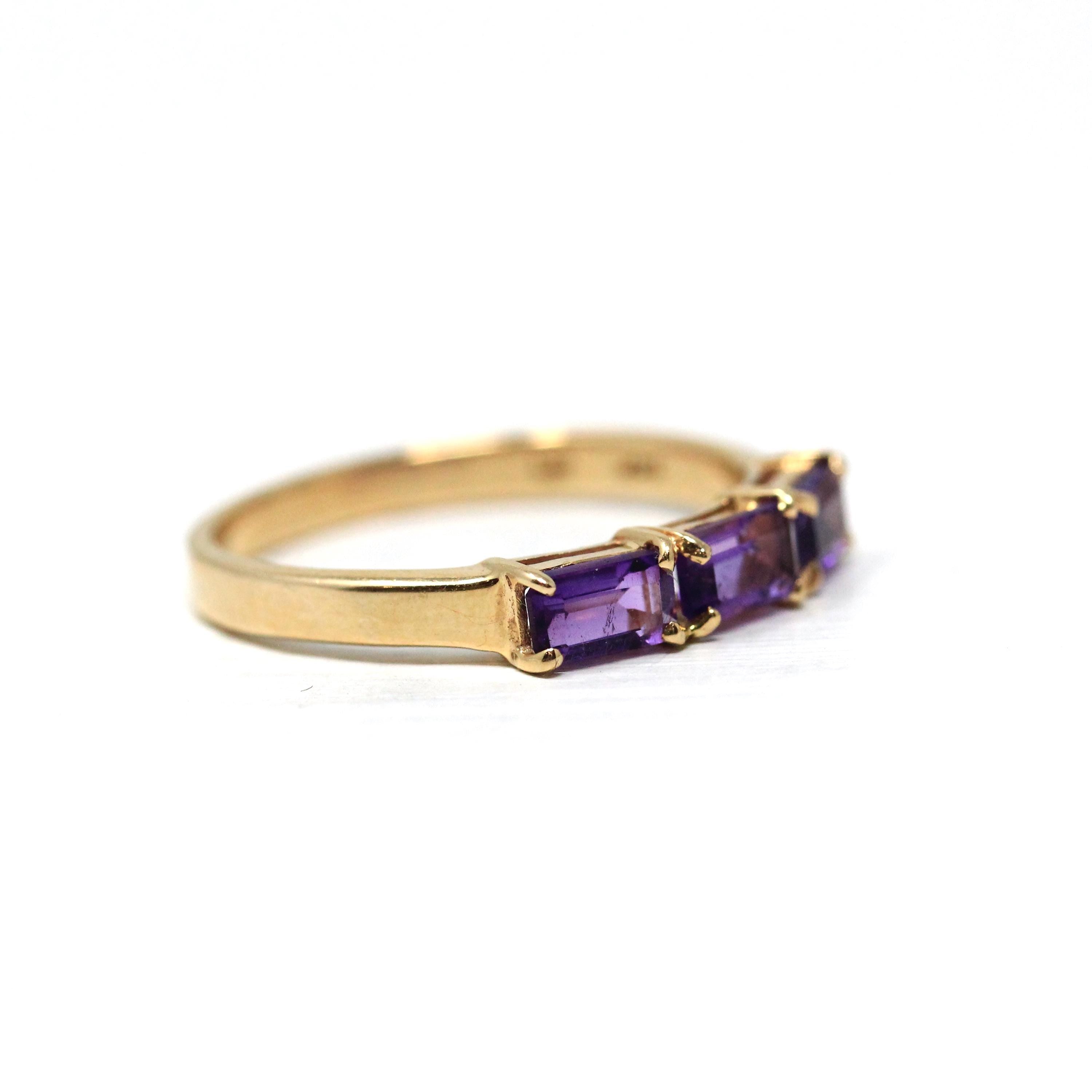 Modern Amethyst Ring - Vintage 14k Yellow Gold Three Rectangle Faceted Purple Gemstones - Estate Circa 2000's Era Size 6 3/4 Fine Jewelry