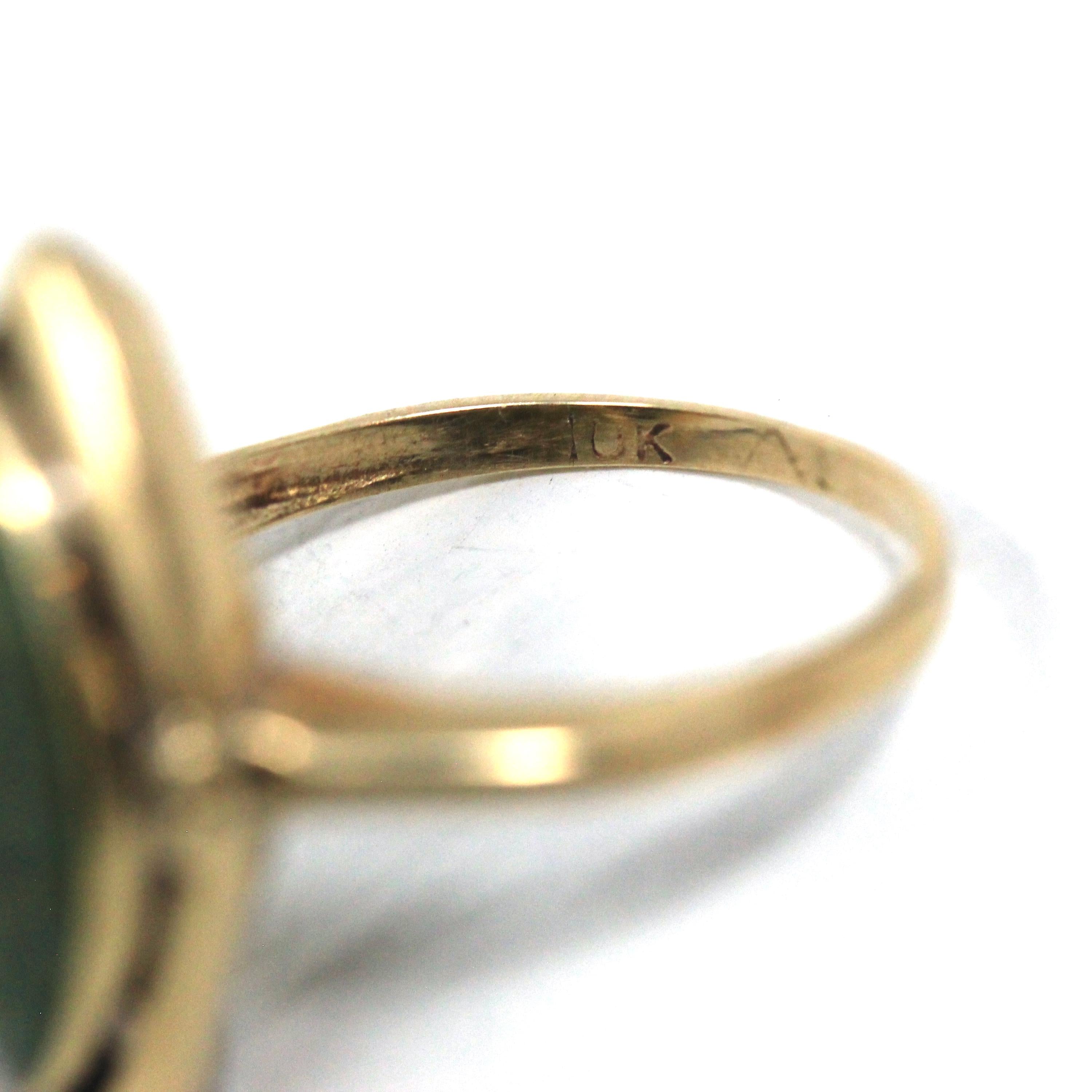 Nephrite Jade Ring - Retro 10k Yellow Gold Marquise Cut Natural Green Gemstone - Vintage 1960s Era Size 5 Navette Statement Fine 60s Jewelry