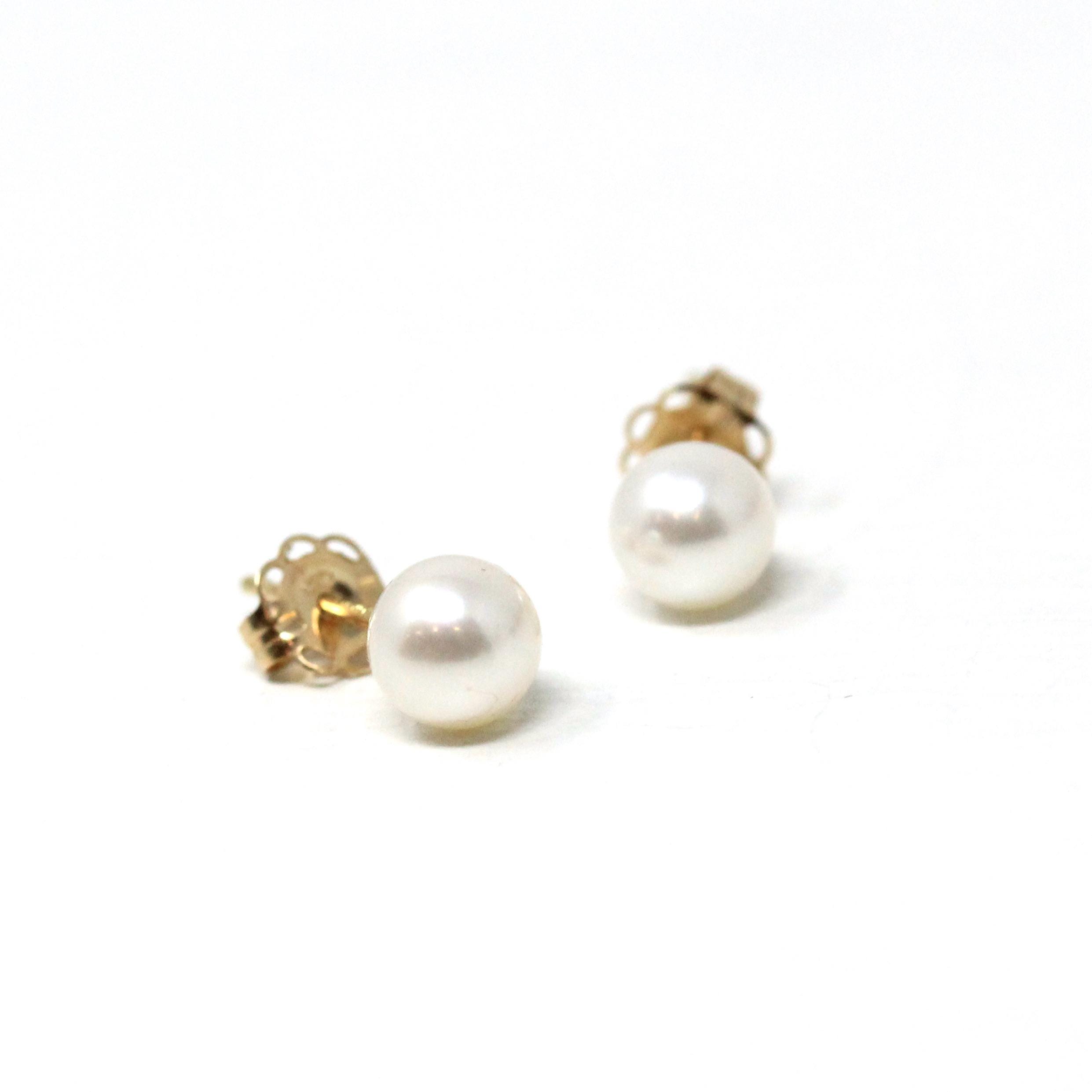 Cultured Pearl Earrings - Modern 14k Yellow Gold Organic Gems Pierced Push Backs Studs - Estate Circa 2000's June Birthstone Fine Jewelry