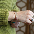 Vintage Scarab Bracelet - Retro Gold Filled Carved Natural Gemstones - Circa 1960s Era Egyptian Revival 7 3/4 Inches Panel Linked Jewelry