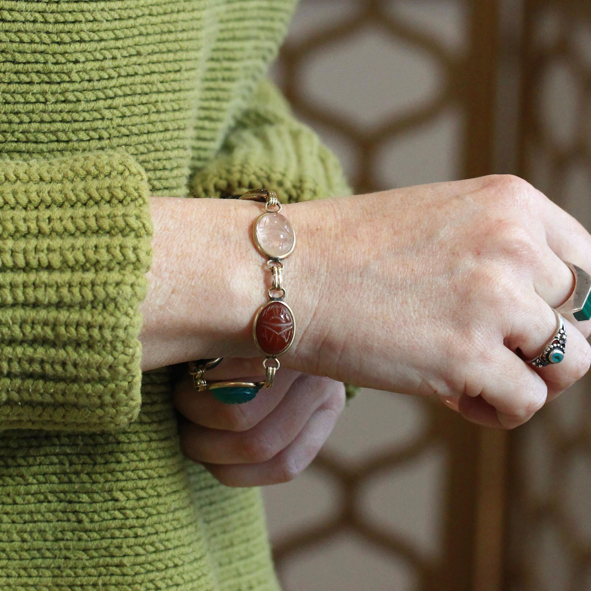 Vintage Scarab Bracelet - Retro Gold Filled Carved Natural Gemstones - Circa 1960s Era Egyptian Revival 7 3/4 Inches Panel Linked Jewelry