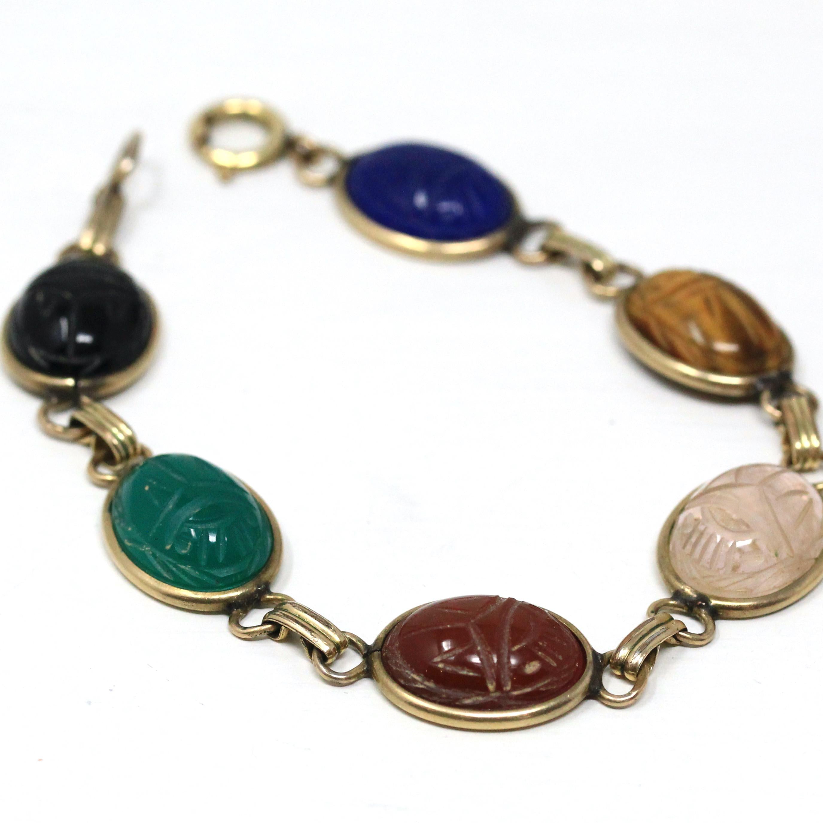 Vintage Scarab Bracelet - Retro Gold Filled Carved Natural Gemstones - Circa 1960s Era Egyptian Revival 7 3/4 Inches Panel Linked Jewelry