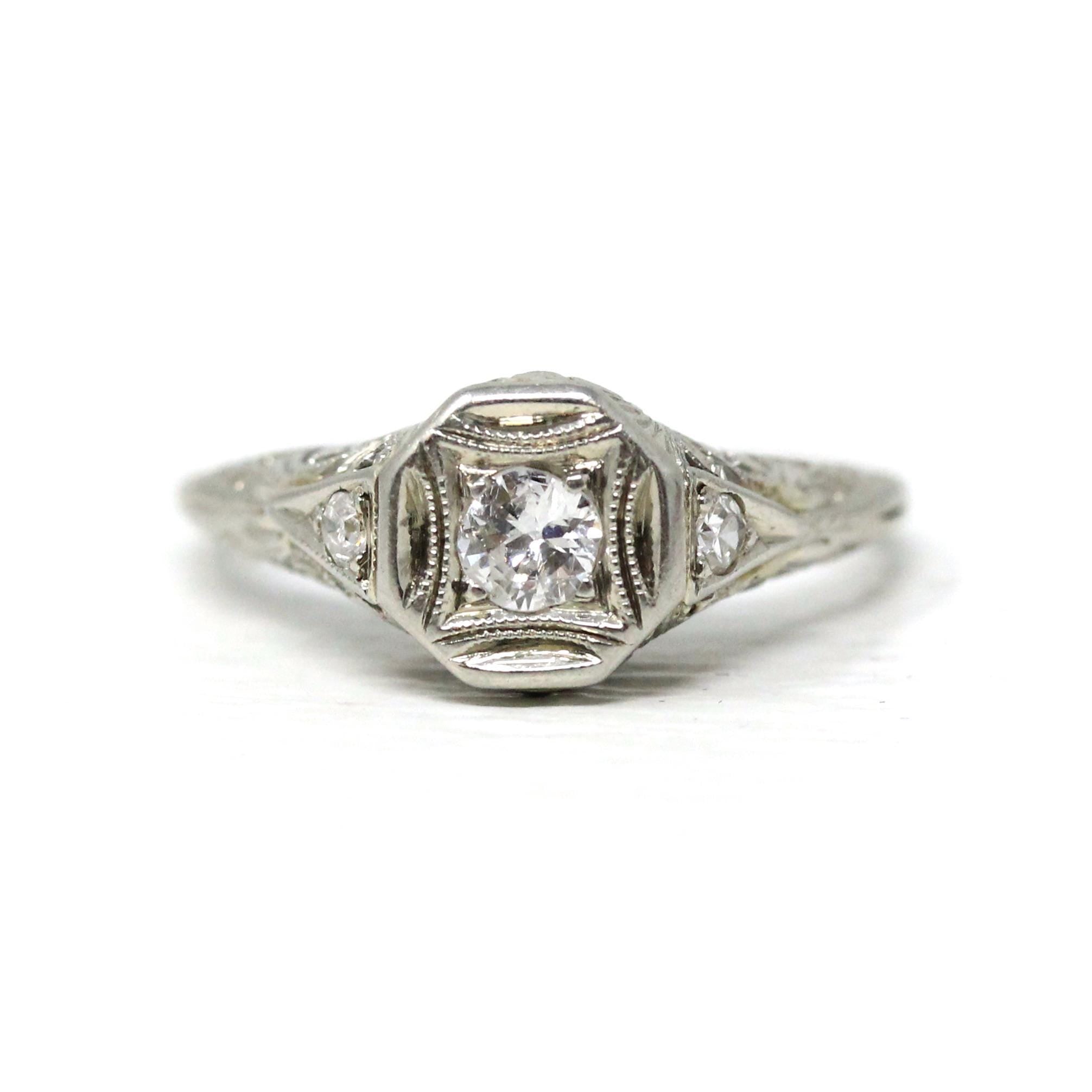 Art Deco Diamond Ring - Vintage 14k White Gold .35 CTW Natural Gemstones - Circa 1930s Era Size 6 Engagement Floral Filigree Fine Jewelry