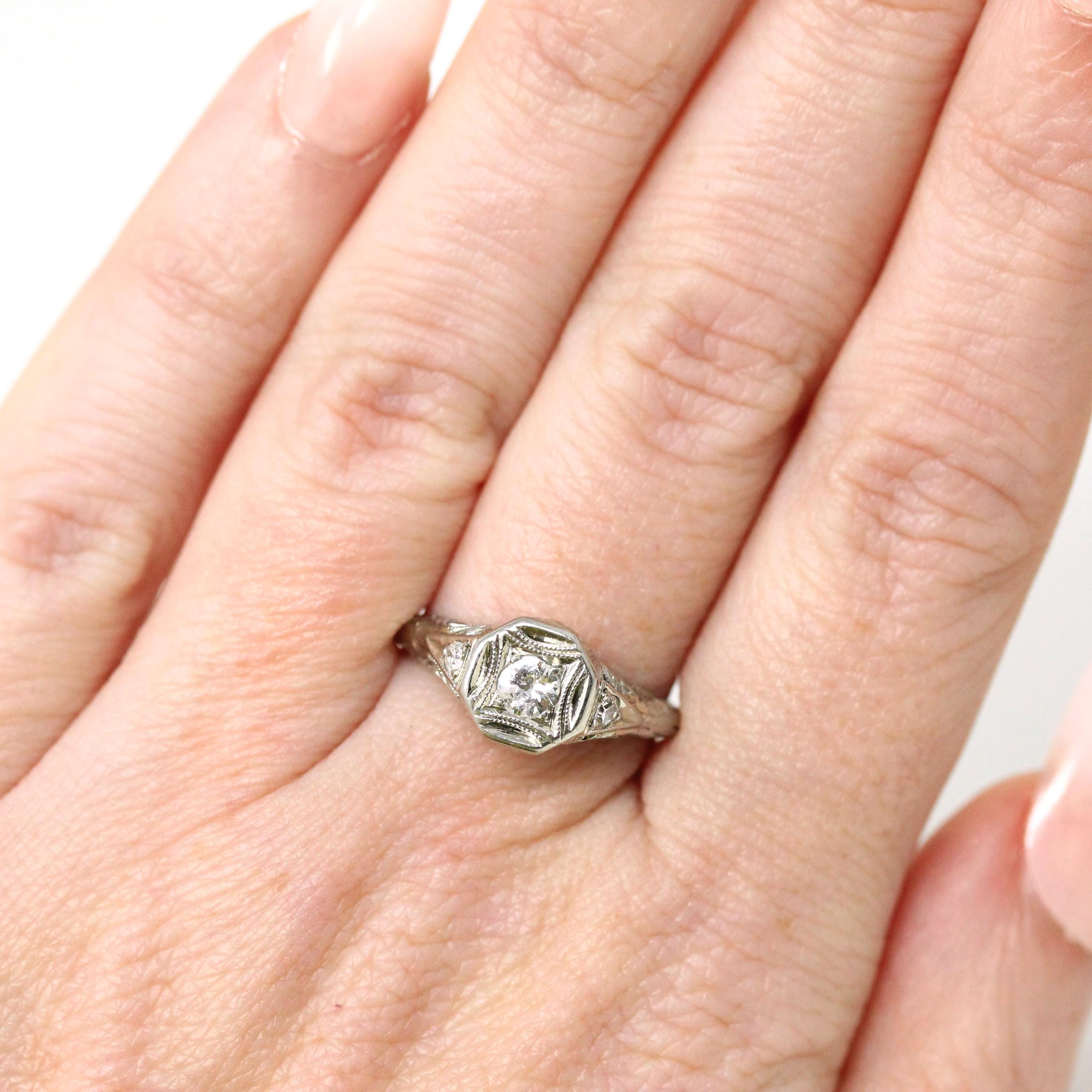 Art Deco Diamond Ring - Vintage 14k White Gold .35 CTW Natural Gemstones - Circa 1930s Era Size 6 Engagement Floral Filigree Fine Jewelry