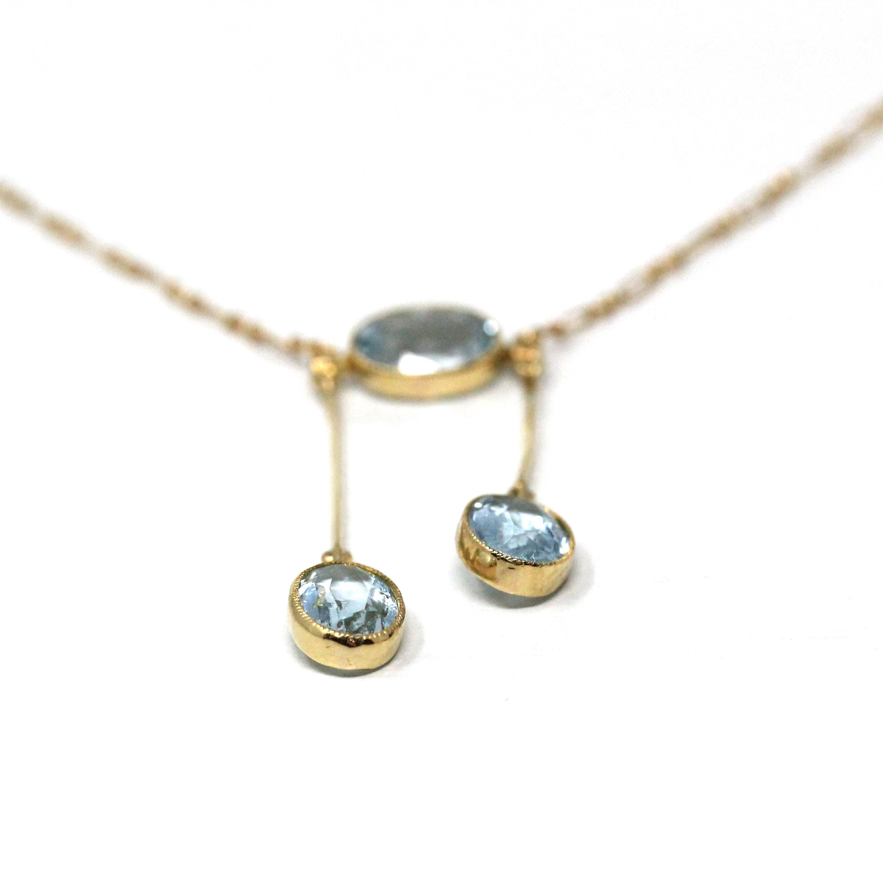 Aquamarine Lavalier Necklace - Edwardian 15k 10k Yellow Gold Oval Natural Blue Gemstones Pendant - Antique Circa 1910s Fine March Jewelry