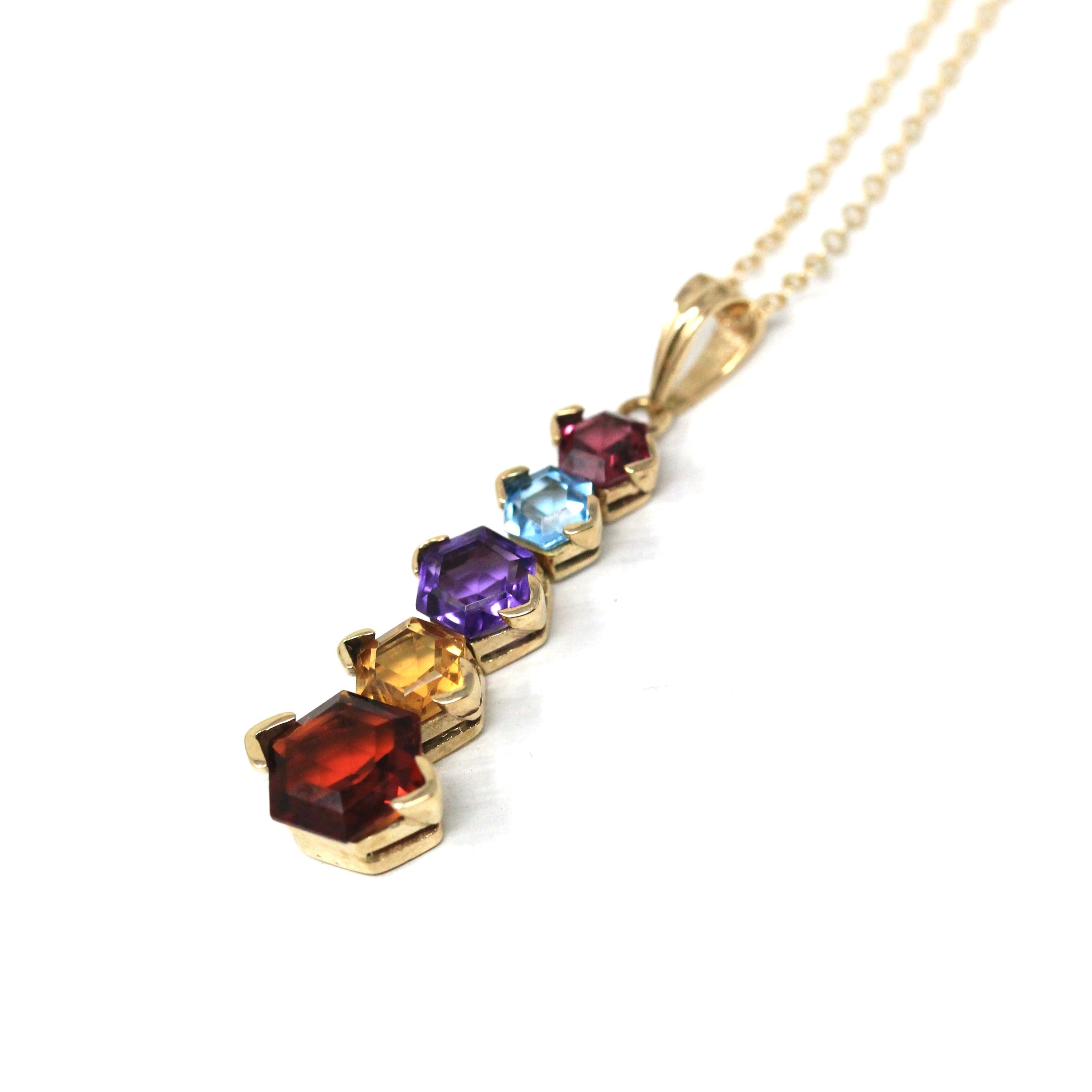 Modern Gemstone Necklace - Estate 14k Yellow Gold Natural Garnet Blue Topaz Amethyst Citrine Gems - Estate Circa 2000's Era Fine Y2K Jewelry