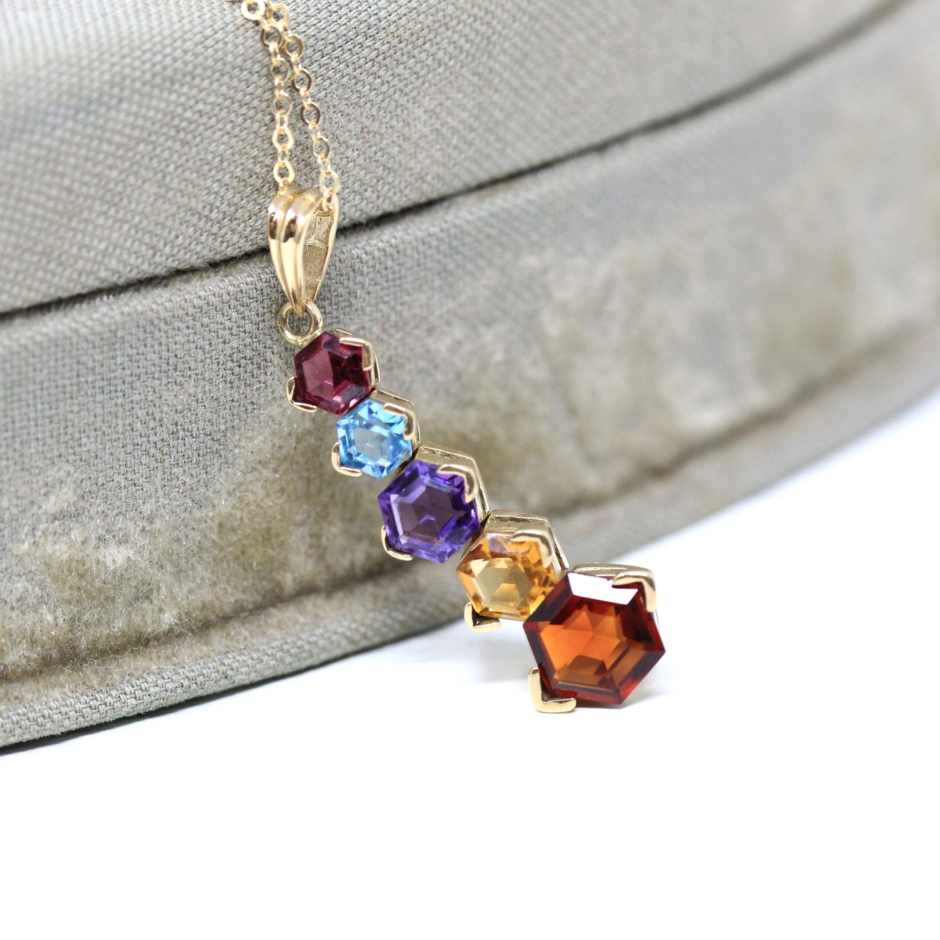 Modern Gemstone Necklace - Estate 14k Yellow Gold Natural Garnet Blue Topaz Amethyst Citrine Gems - Estate Circa 2000's Era Fine Y2K Jewelry