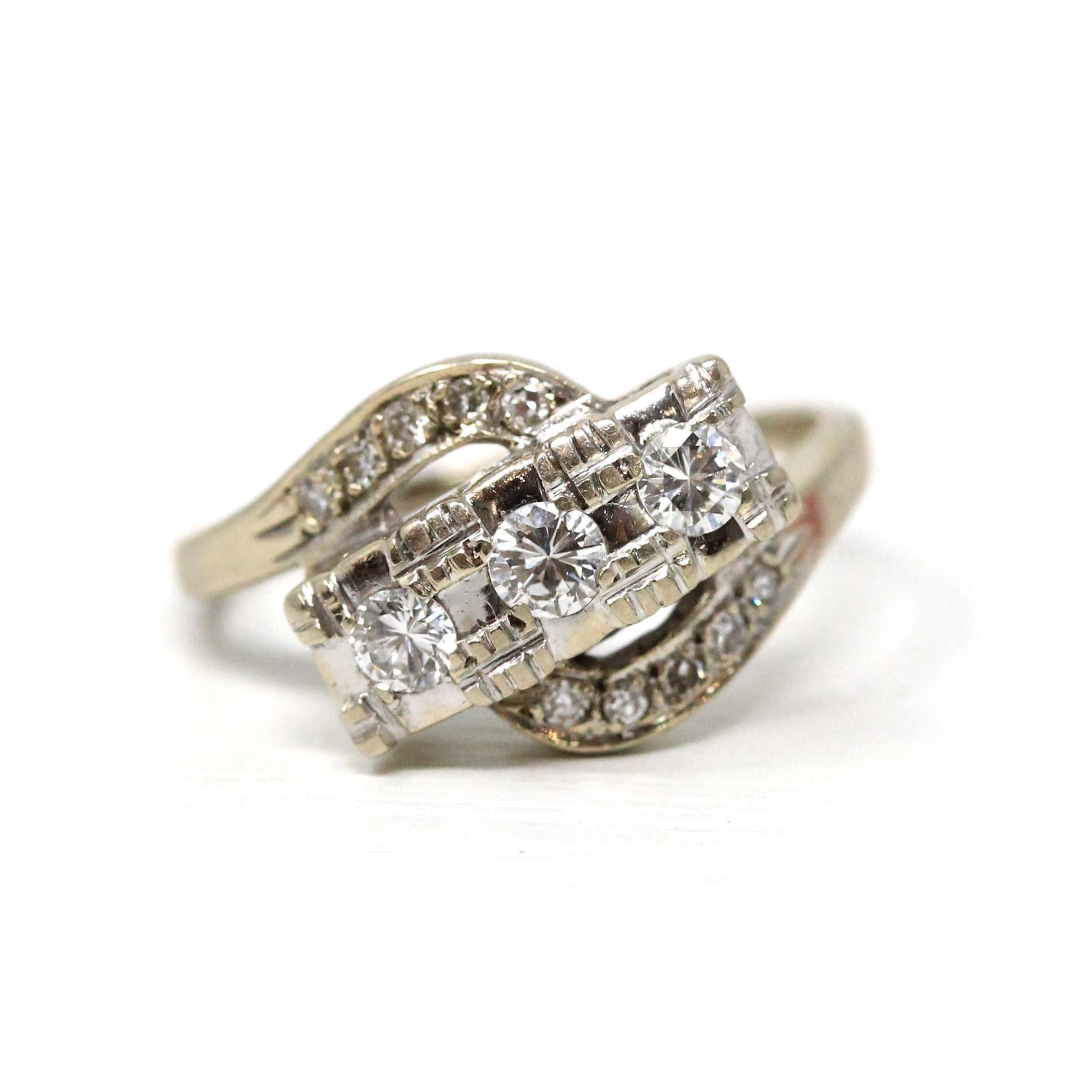 Diamond Bypass Ring - Mid Century 14k White Gold Natural Gemstones Cocktail Statement - Vintage 1950s Size 7 1/4 Three Stone Fine Jewelry