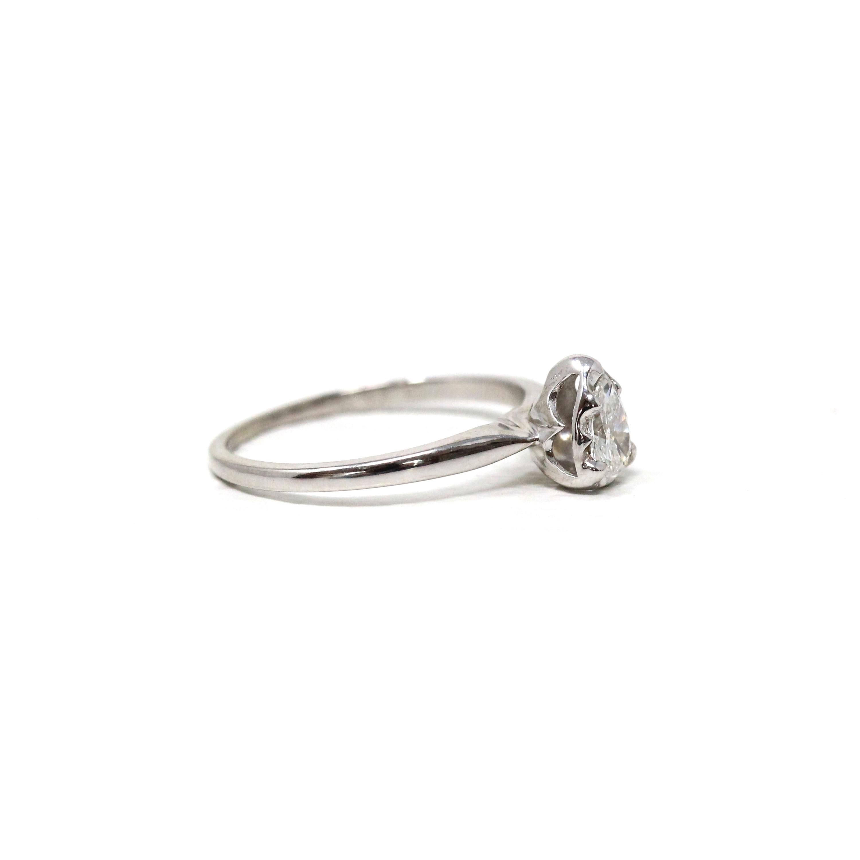 Vintage Diamond Ring - Retro 14k White Gold Pear Brilliant Cut .13 CT Gem - Circa 1960s Size 6.25 Solitaire Fine Bridal Engagement Jewelry