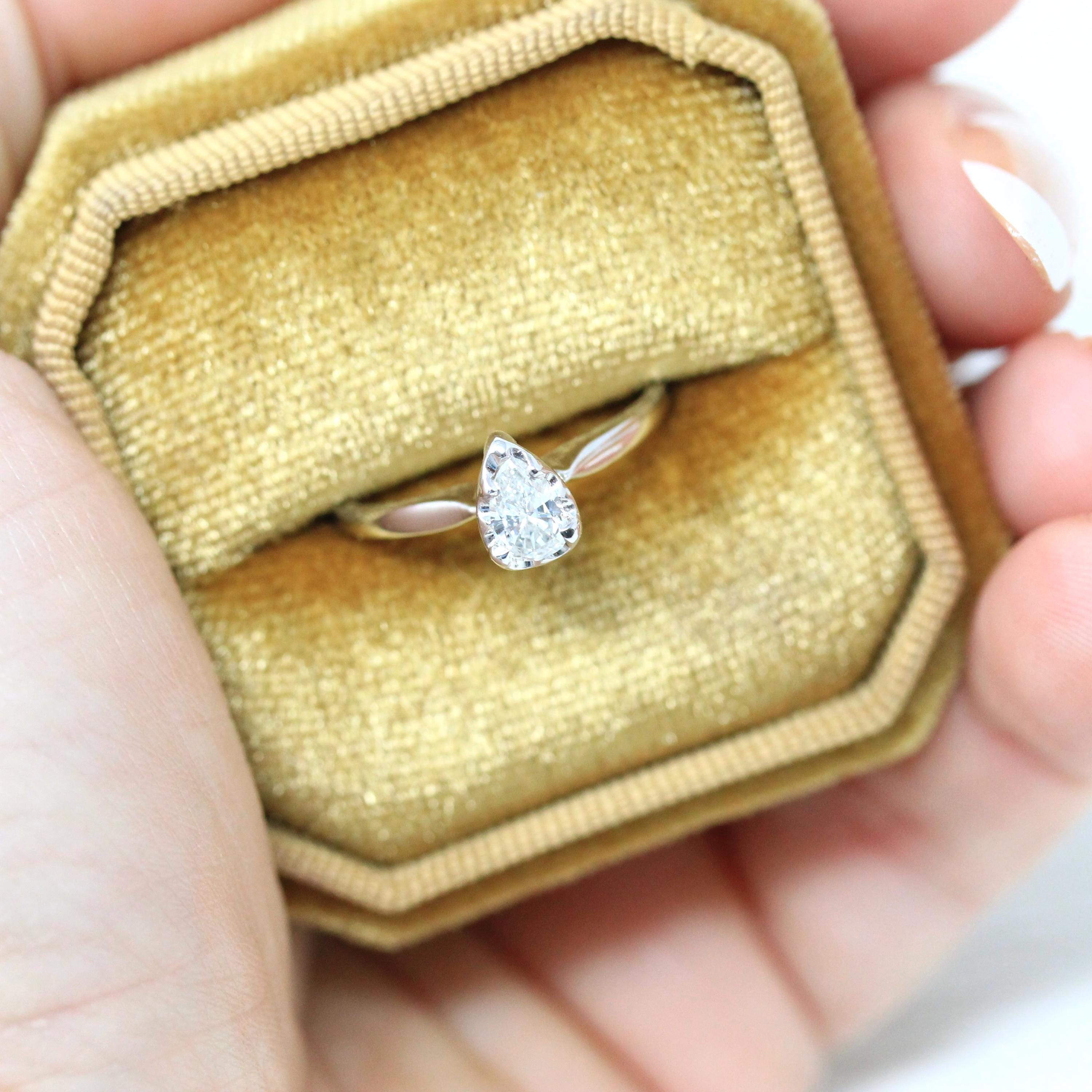 Vintage Diamond Ring - Retro 14k White Gold Pear Brilliant Cut .13 CT Gem - Circa 1960s Size 6.25 Solitaire Fine Bridal Engagement Jewelry