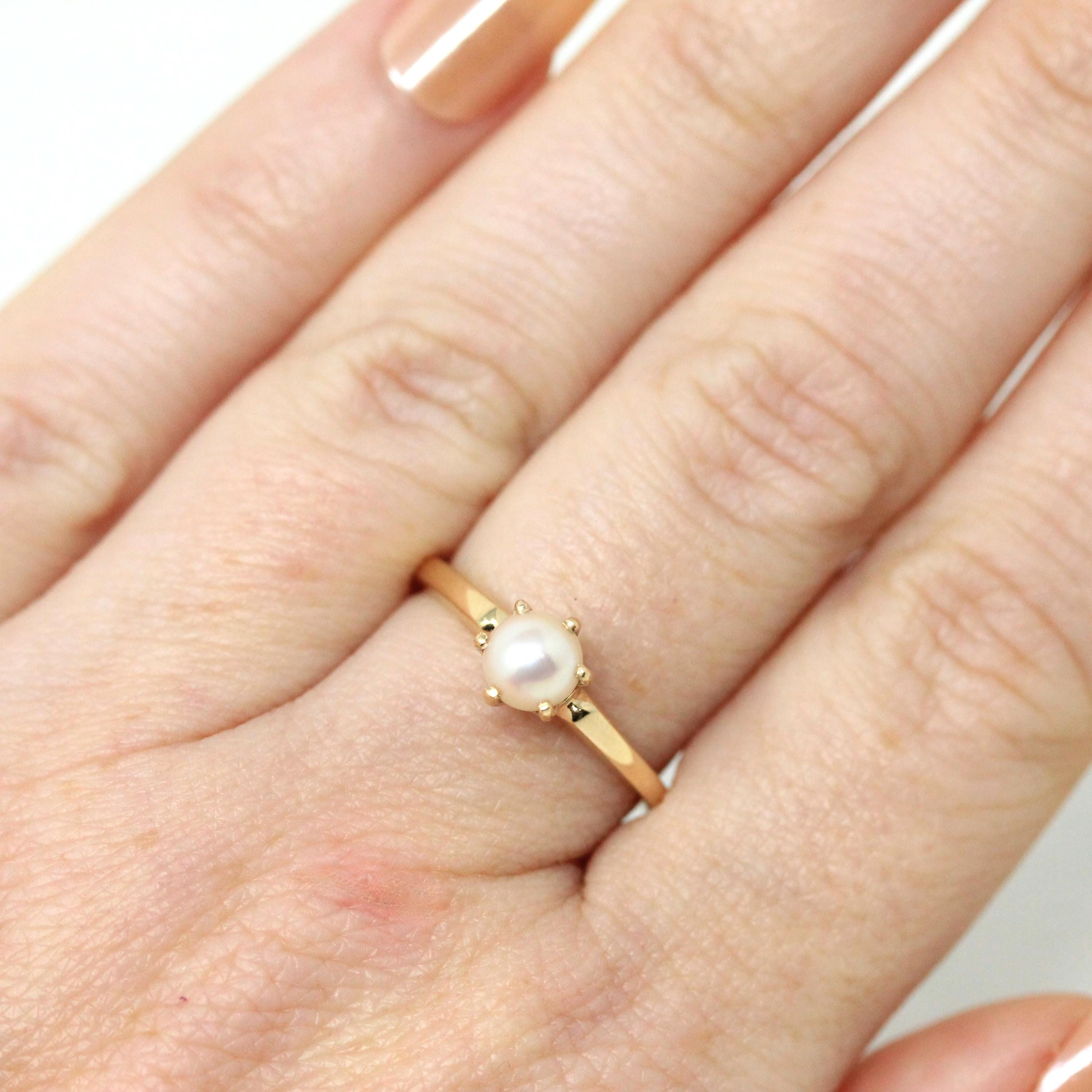 Cultured Pearl Ring - Retro 10k Yellow Gold 5.2 mm Solitaire Gemstone - Vintage Circa 1960s Era Size 5.5 Fine Baden & Foss Statement Jewelry