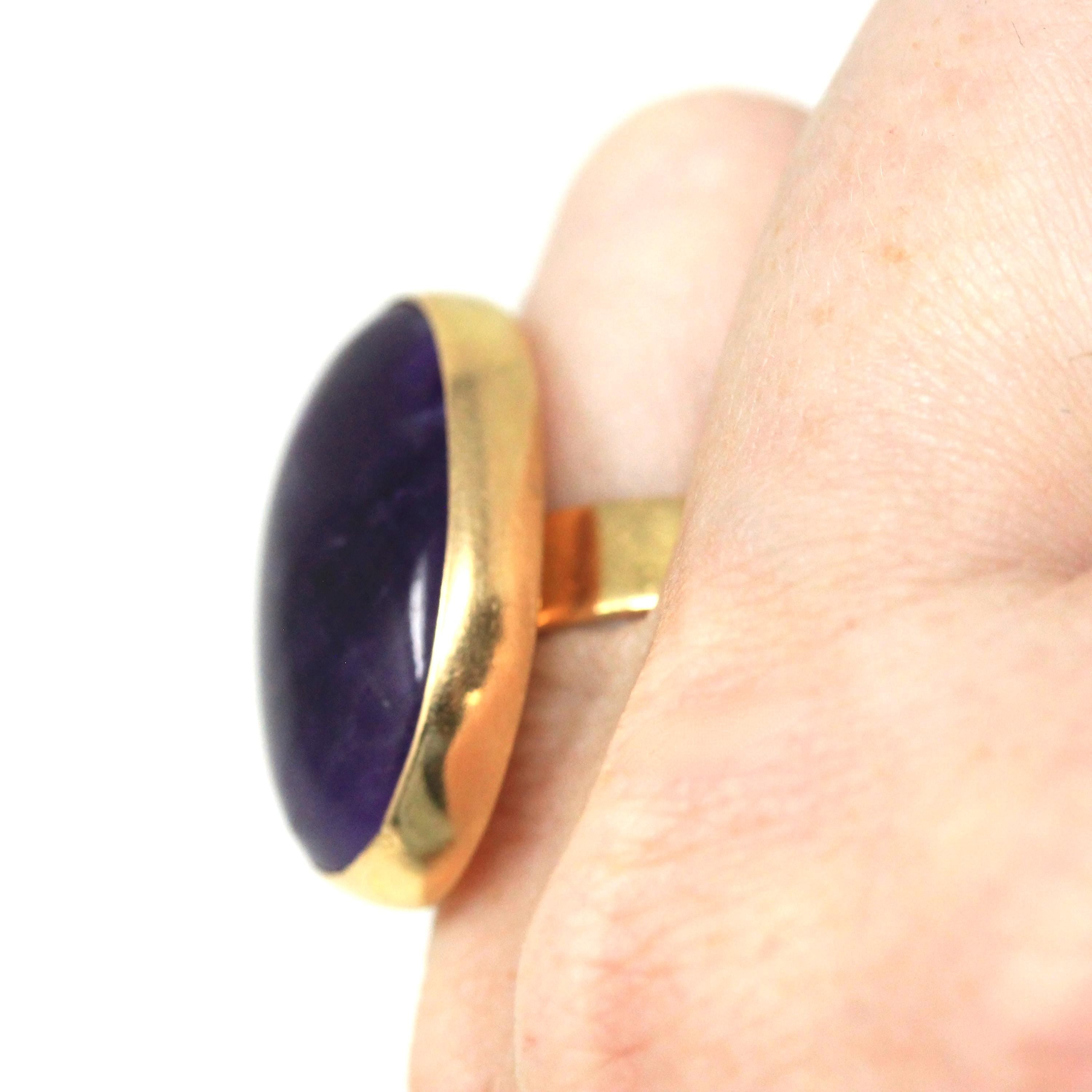 Amethyst Cocktail Ring - Estate 18k Yellow Gold Natural Purple Gemstone - Vintage Circa 1980s Era Size 5 3/4 Egyptian Hallmarks Fine Jewelry