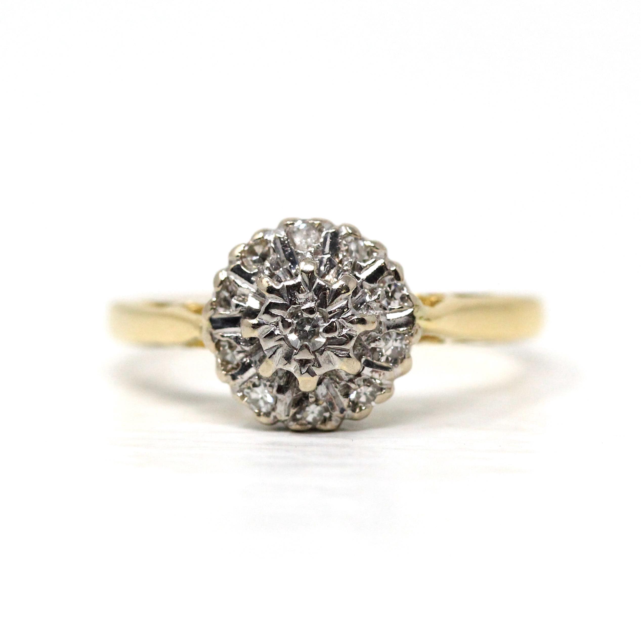 Diamond Halo Ring - Retro 18k Yellow & White Gold Natural Gemstone Engagement - Vintage Hallmarked 1971 Size 6 Two Tone Cluster Fine Jewelry