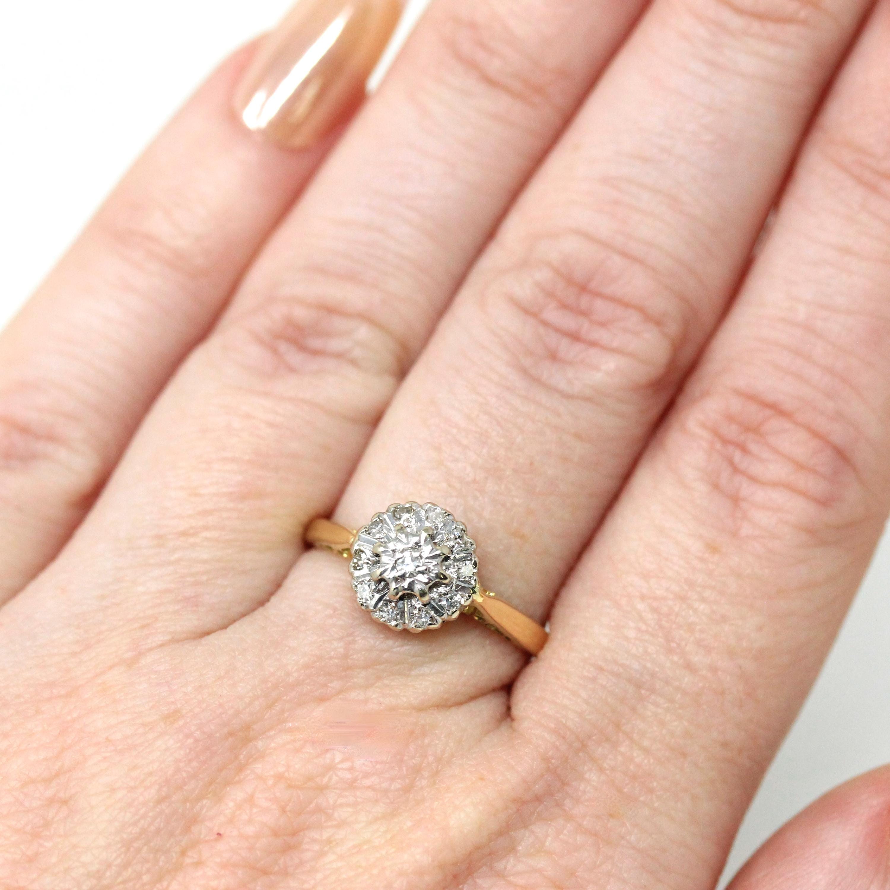 Diamond Halo Ring - Retro 18k Yellow & White Gold Natural Gemstone Engagement - Vintage Hallmarked 1971 Size 6 Two Tone Cluster Fine Jewelry